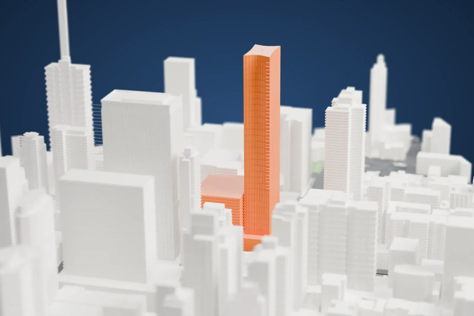 A white 3D print of 252 East 57th Street, a tall slim tower with a curved top edge and a gridded facade, standing among shorter and wider city buildings.