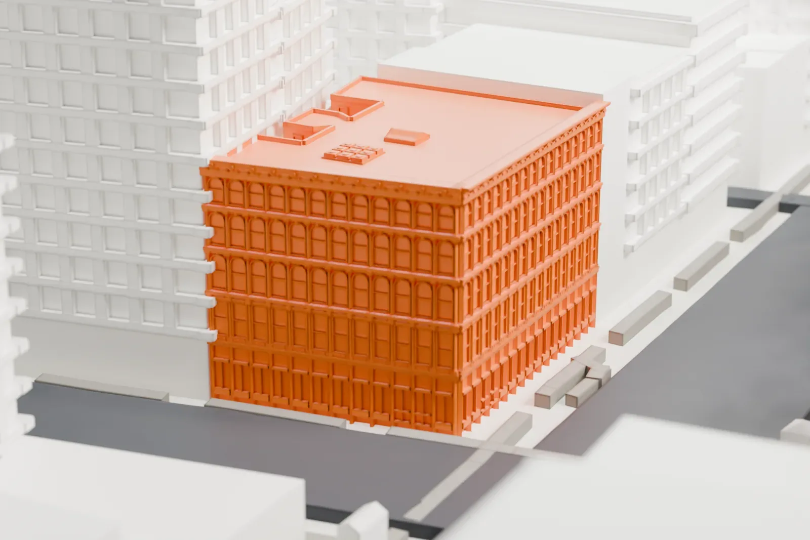 A white 3D print of 254–260 Canal Street, a mid-rise corner building surrounded by a dense field of taller and shorter buildings.