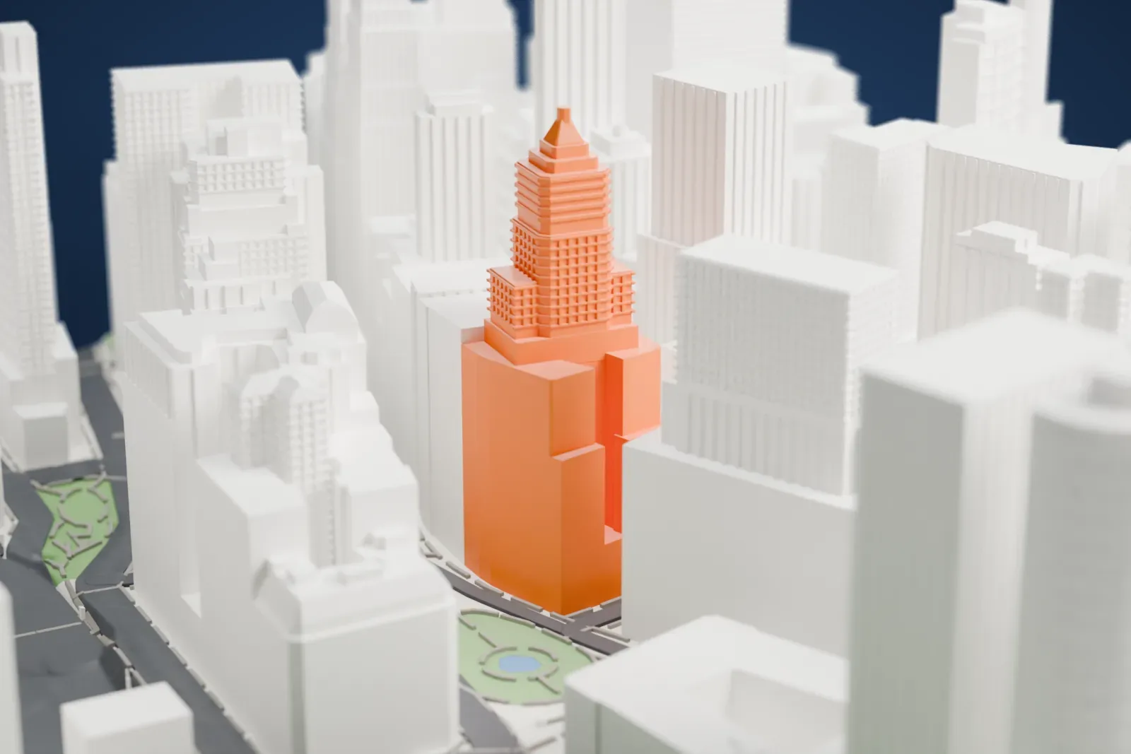 A white 3D print of 26 Broadway, a stepped tower with a pyramid roof, packed in among surrounding Lower Manhattan buildings.