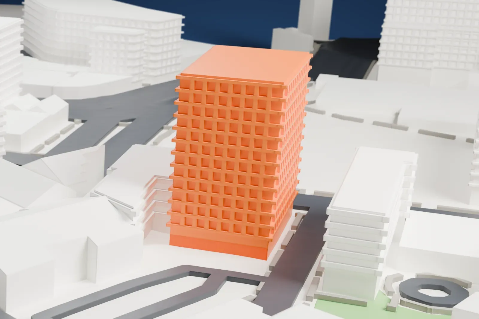 A white 3D print of 26 Journal Square, a tall ornate tower with a heavy top cornice, rising above lower buildings, streets and a small patch of green.