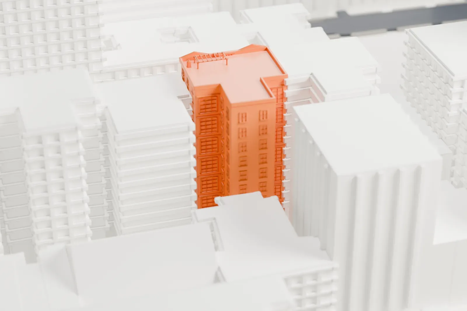 A white 3D print of 27 West 67th Street, a mid-rise building with a window-filled facade and a flat roof, standing among much taller buildings.