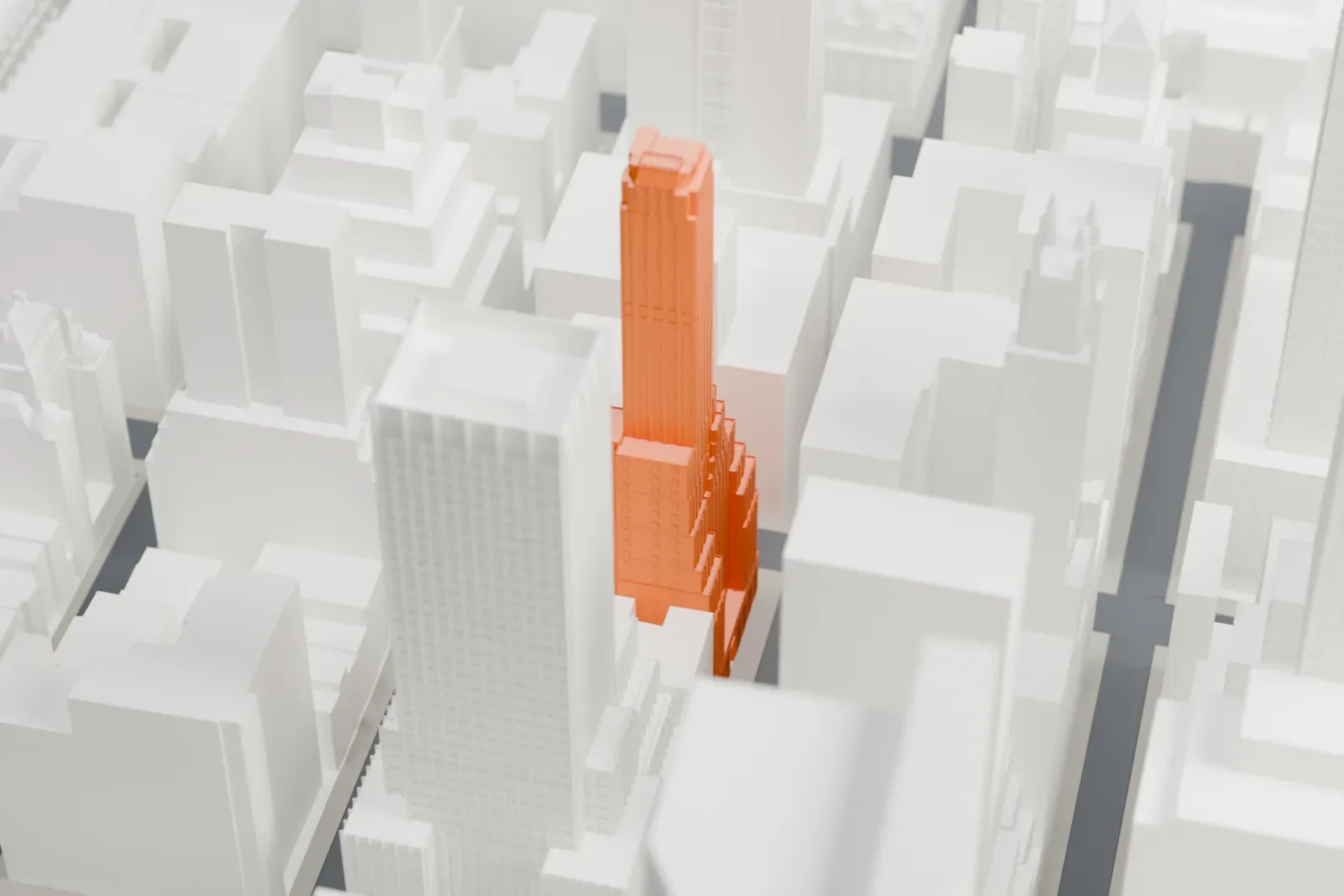 A white 3D print of 275 Madison Avenue, a tall setback tower with a tapering top, standing among dense high-rise buildings.