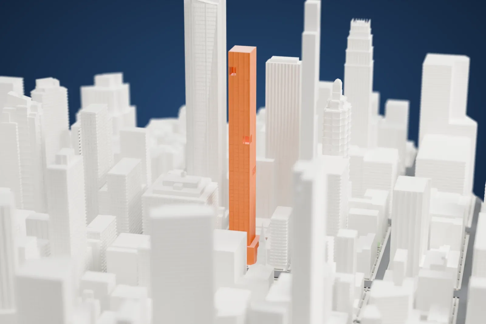 A white 3D print of 277 Fifth Avenue, a very slender rectangular tower with a few small notches in its sides, standing among tall buildings.