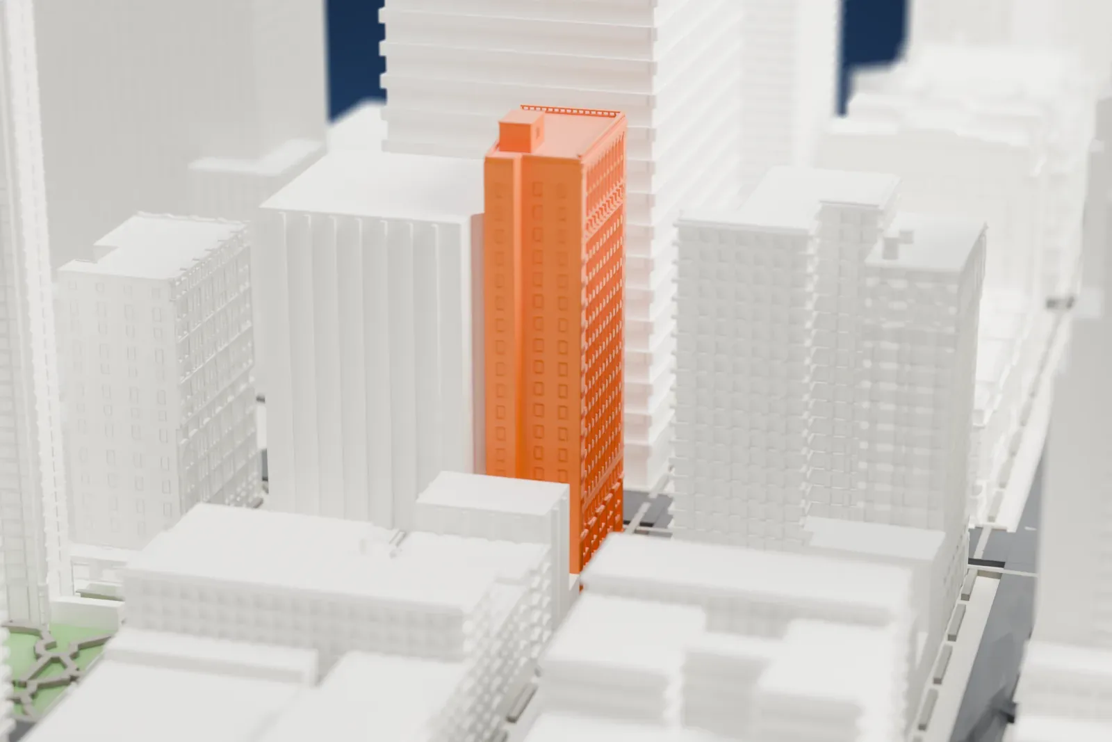 A white 3D print of 291 Broadway, a tall high-rise with an ornate base and crown, standing among taller and shorter buildings.