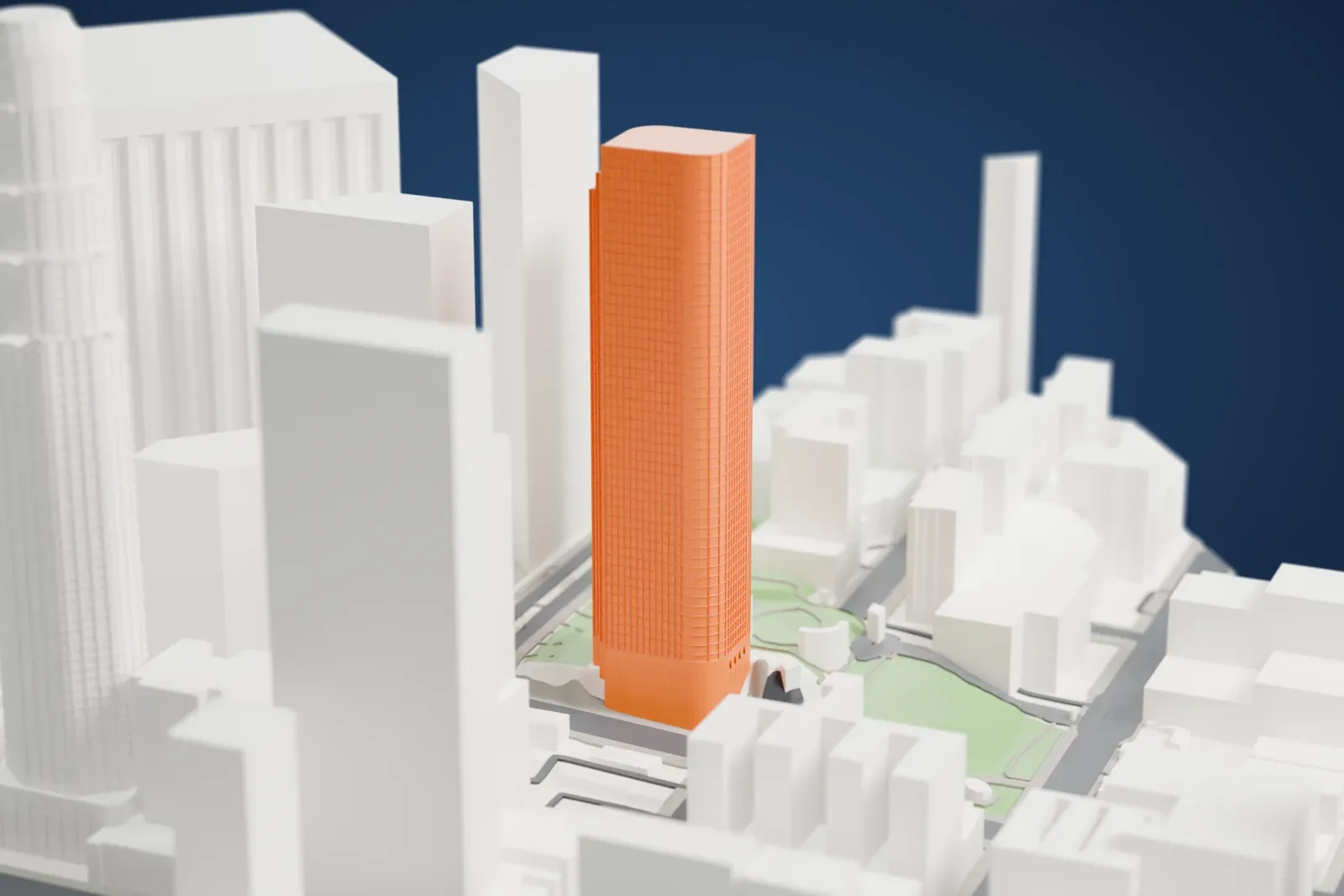 A white 3D print of 2Cal, a tall skyscraper, among the surrounding city blocks and streets in downtown Los Angeles.