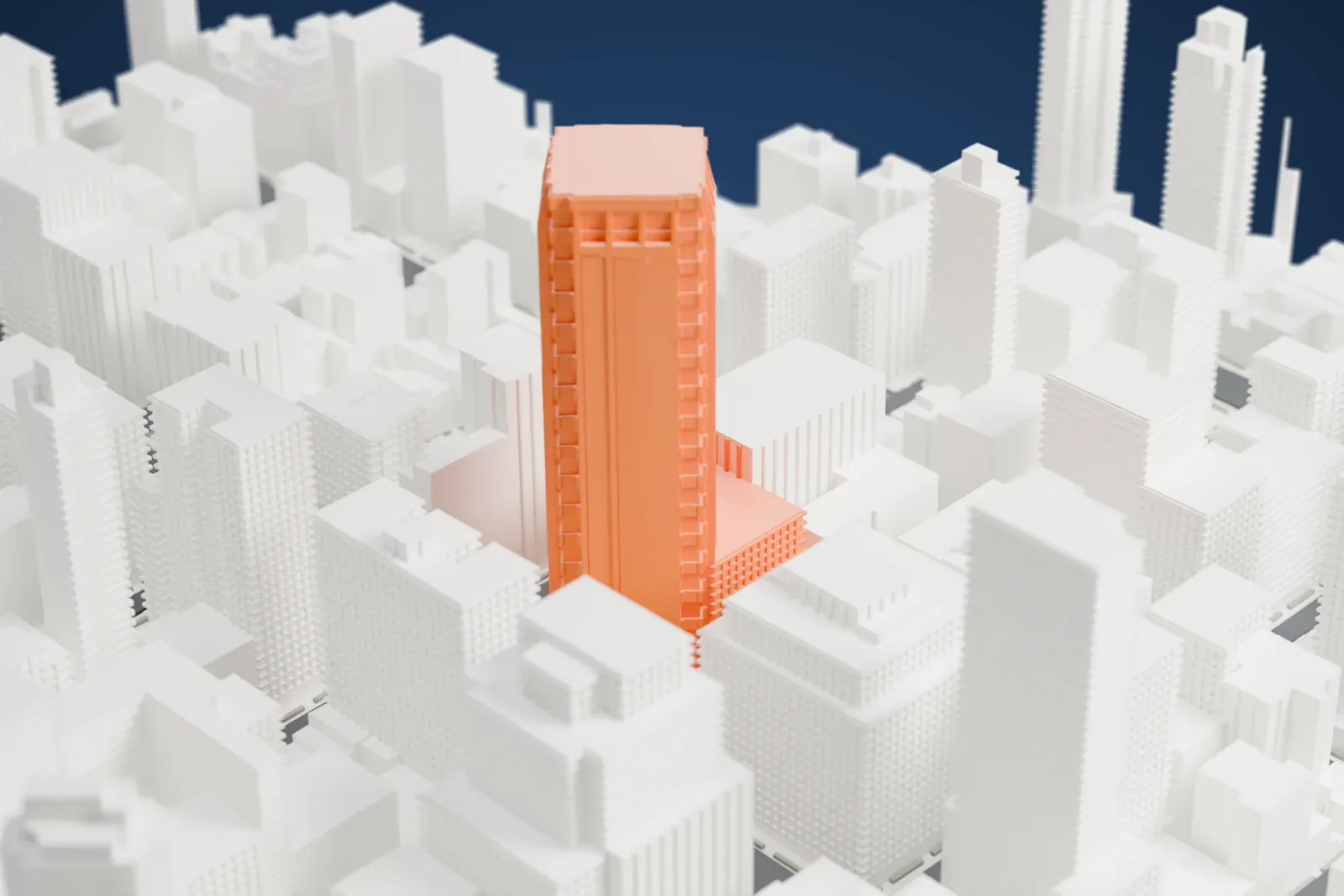 A white 3D print of 3 Park Avenue, a tall tower with angled corners, standing among the surrounding Manhattan buildings.