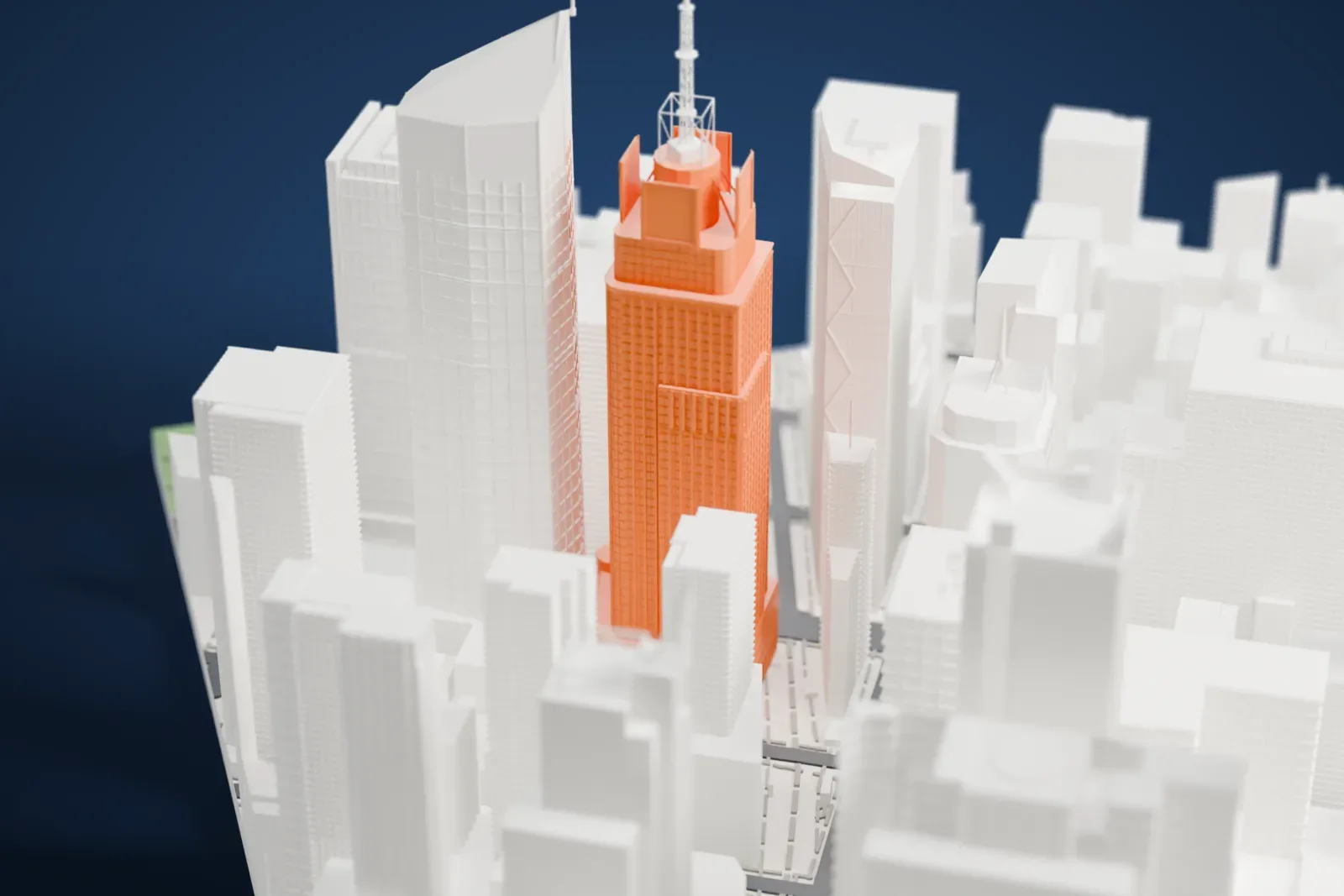A white 3D print of 3 Times Square, a tower with a thin spire on its angled crown, standing tightly among taller and shorter neighboring skyscrapers.