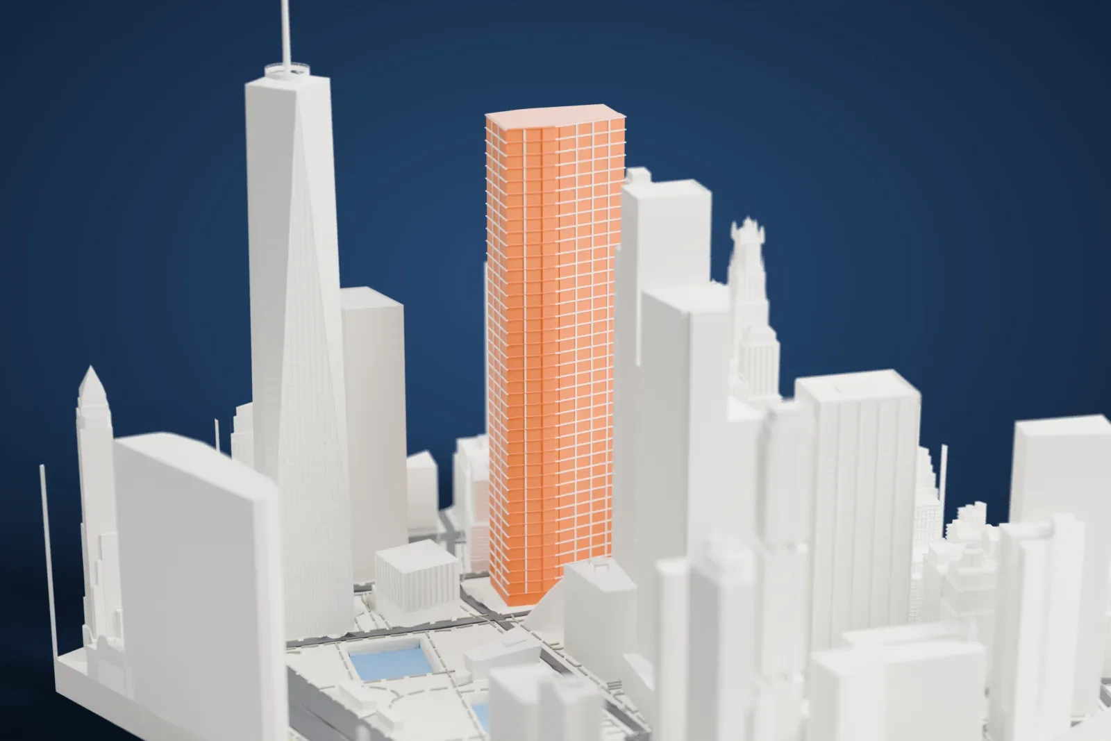 A white 3D print of 3 World Trade Center, a tall stepped tower in Lower Manhattan, with neighboring skyscrapers, a plaza and streets around it.