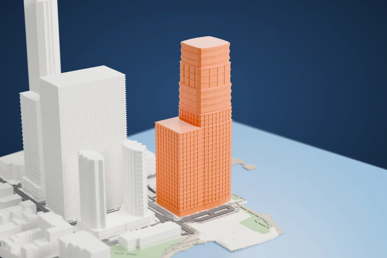 A white 3D print of 30 Hudson Street, a tall tower stepping inward toward its top, with a low block at its foot, beside open water and other towers.