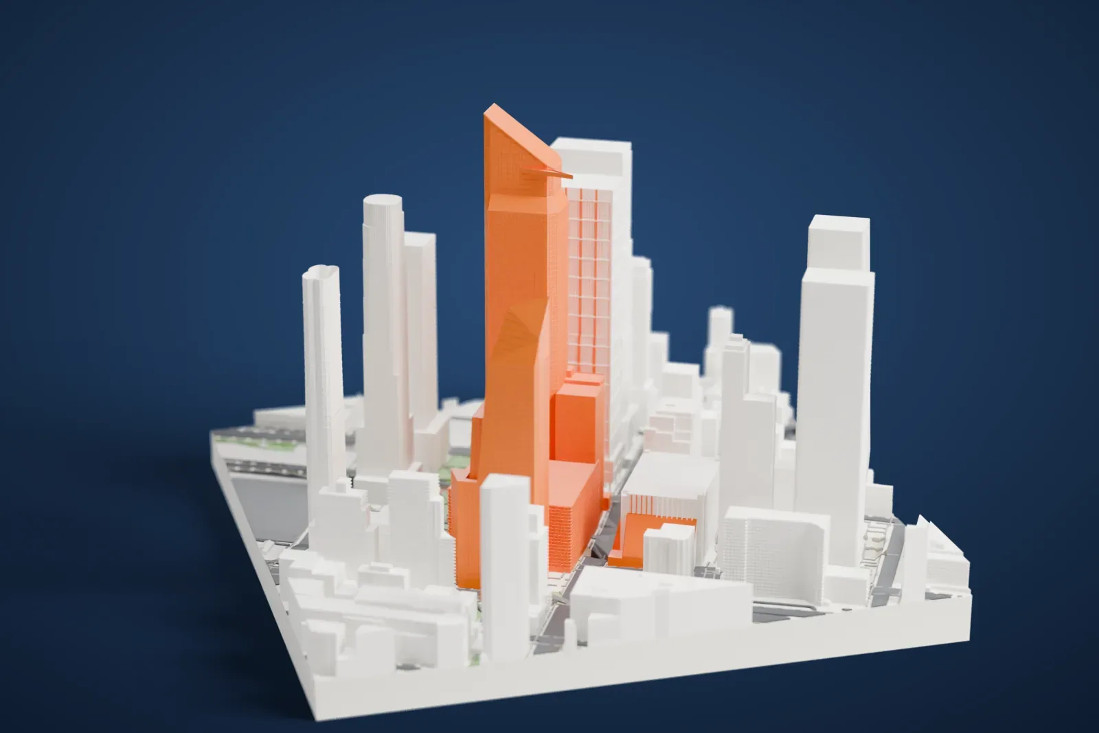 A white 3D print of 30 Hudson Yards, a tall tower with a slanted top and a thin deck jutting out near the summit, standing among neighboring skyscrapers.