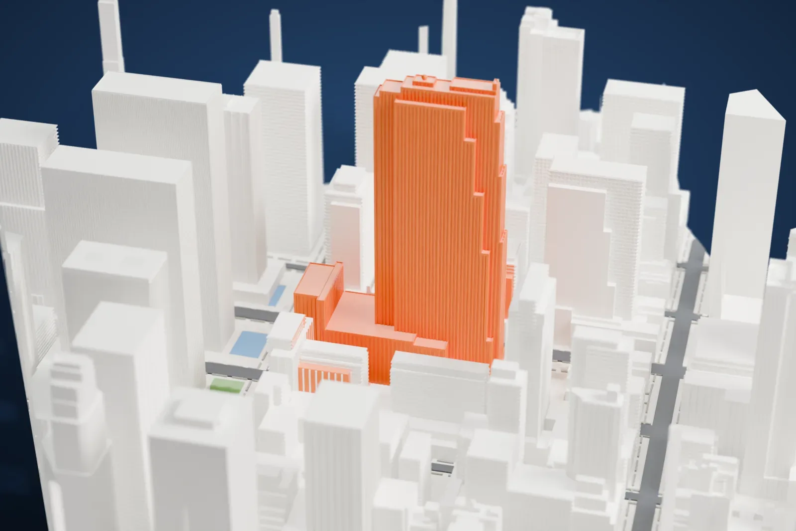 A white 3D print of 30 Rockefeller Plaza, a tall stepped tower with fine vertical ribs and a lower wing beside it, standing among other tall buildings.