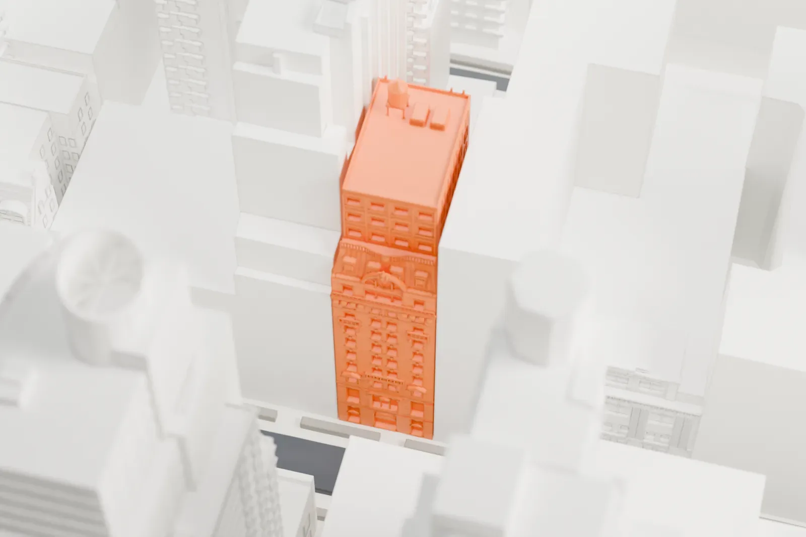 A white 3D print of 30 West 44th Street, a narrow building with a small rooftop structure, hemmed in by much taller towers.