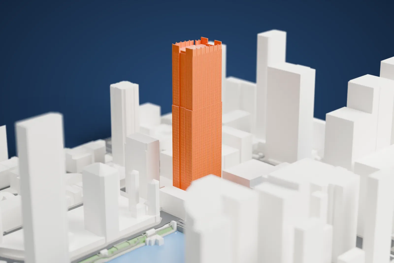 A white 3D print of 300 North LaSalle standing on the north bank of the Chicago River, with surrounding streets and buildings.