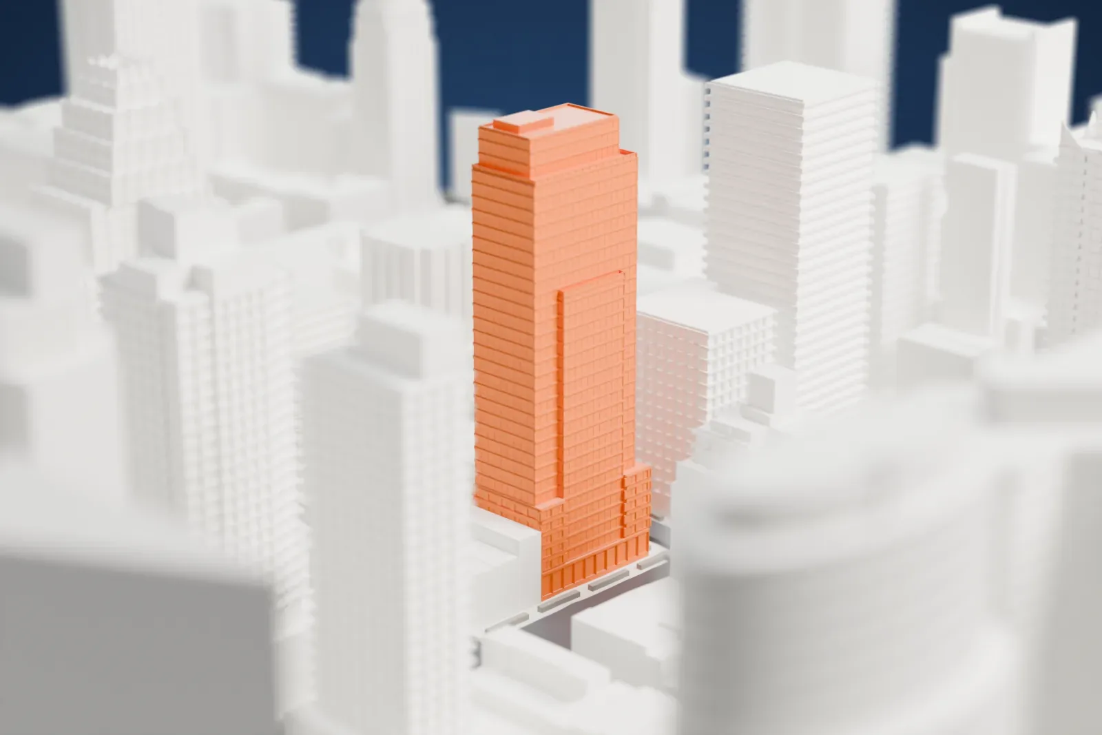 A white 3D print of the Halcyon tower standing among neighboring Manhattan buildings and the streets around it.