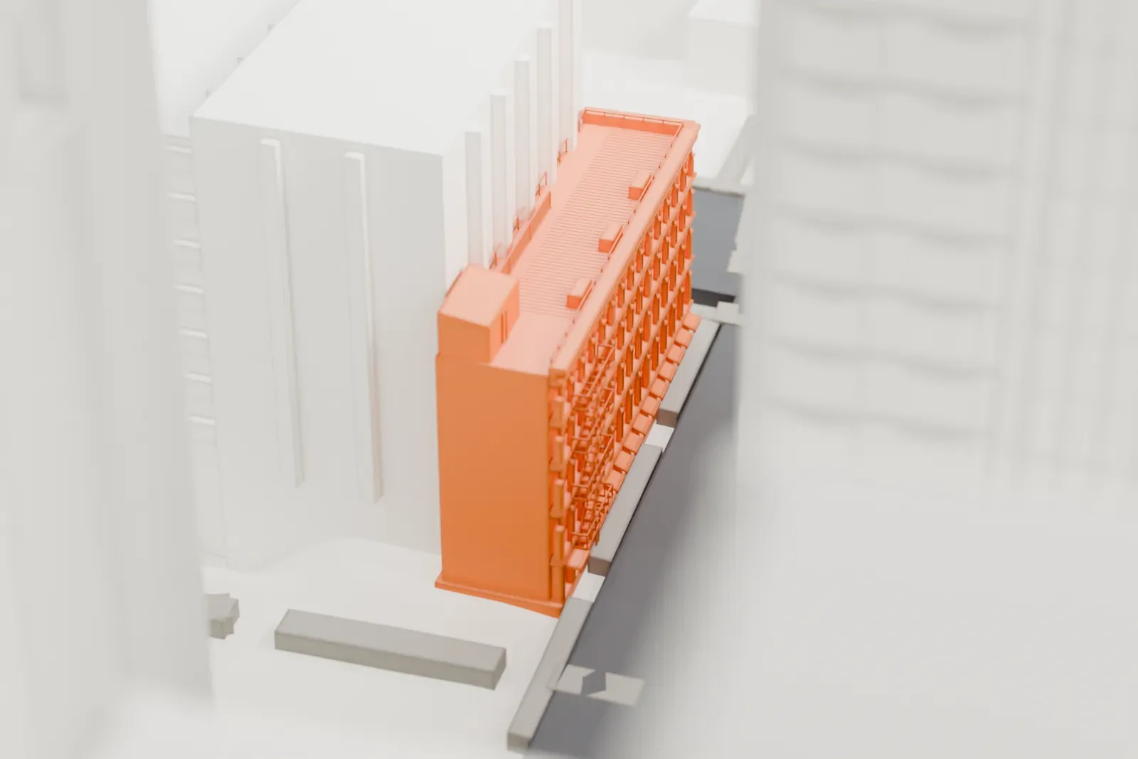 A white 3D print of 319 Broadway, a small low building almost hidden at the foot of much taller towers in a dense city district.