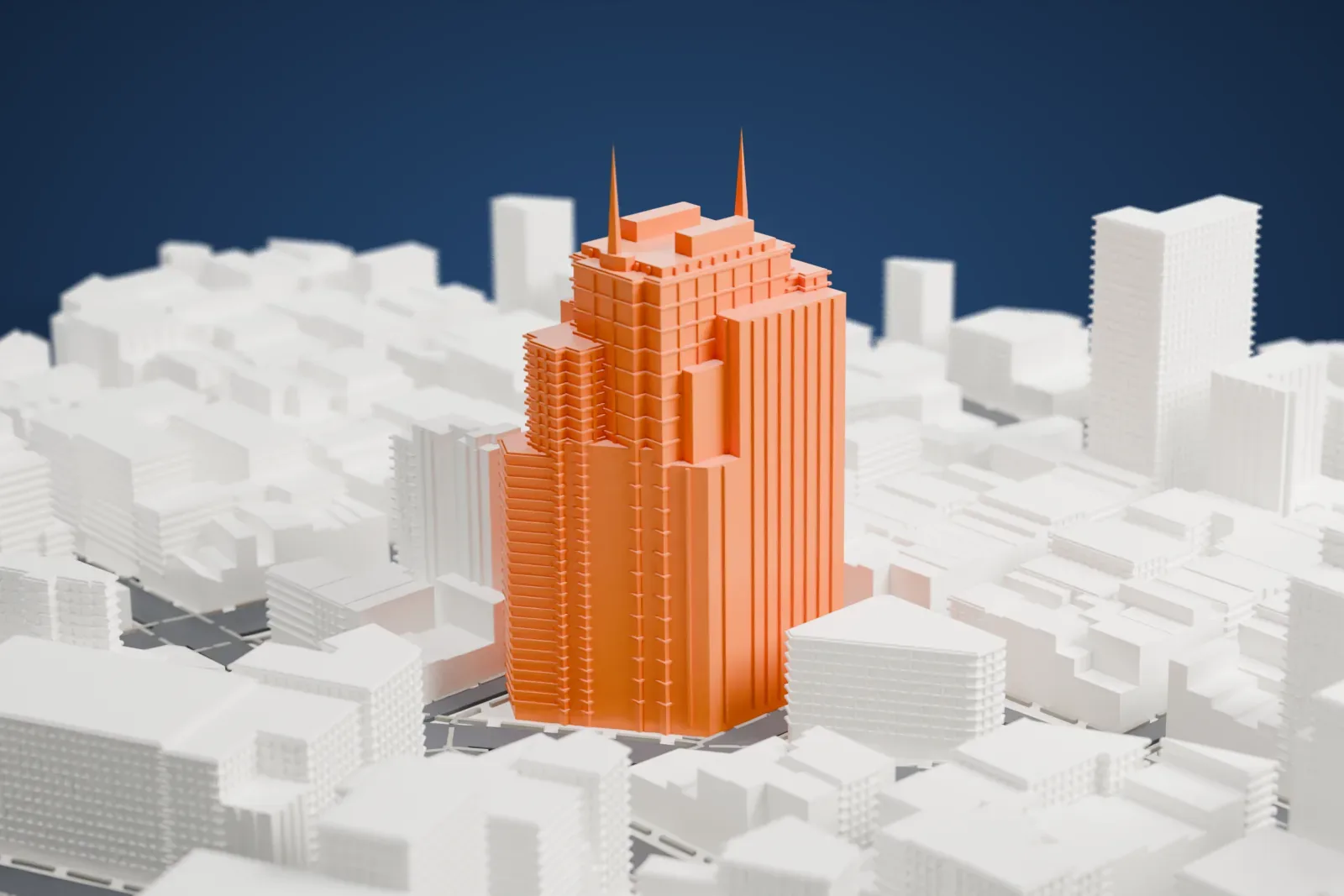 A white 3D print of 32 Avenue of the Americas, a stepped tower topped by two thin spires, rising above low buildings and nearby streets.