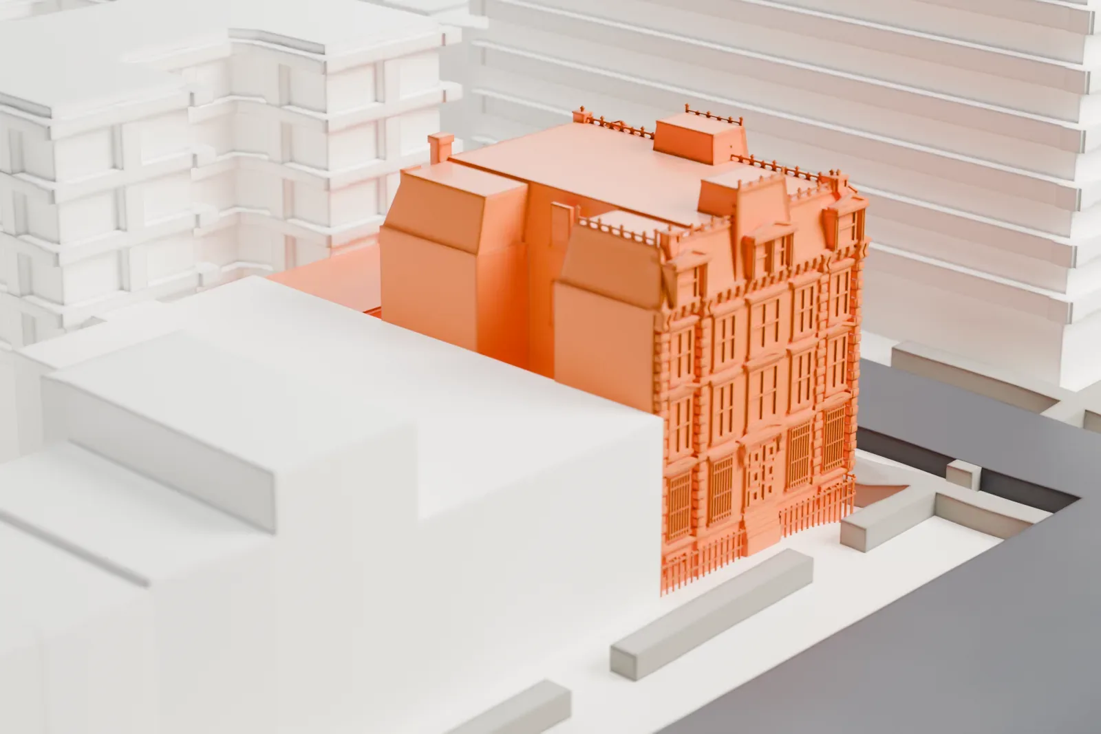 A white 3D print of the 32nd Police Precinct Station, a tall corner building with a mansard roof and a detailed facade, among taller buildings with a small park nearby.