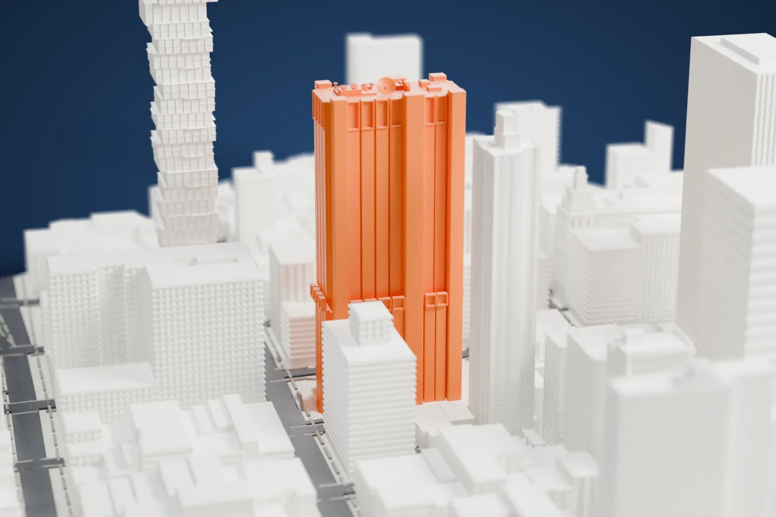 A white 3D print of 33 Thomas Street, a tall ribbed windowless tower with equipment on its roof, rising above lower buildings and tall neighbors.