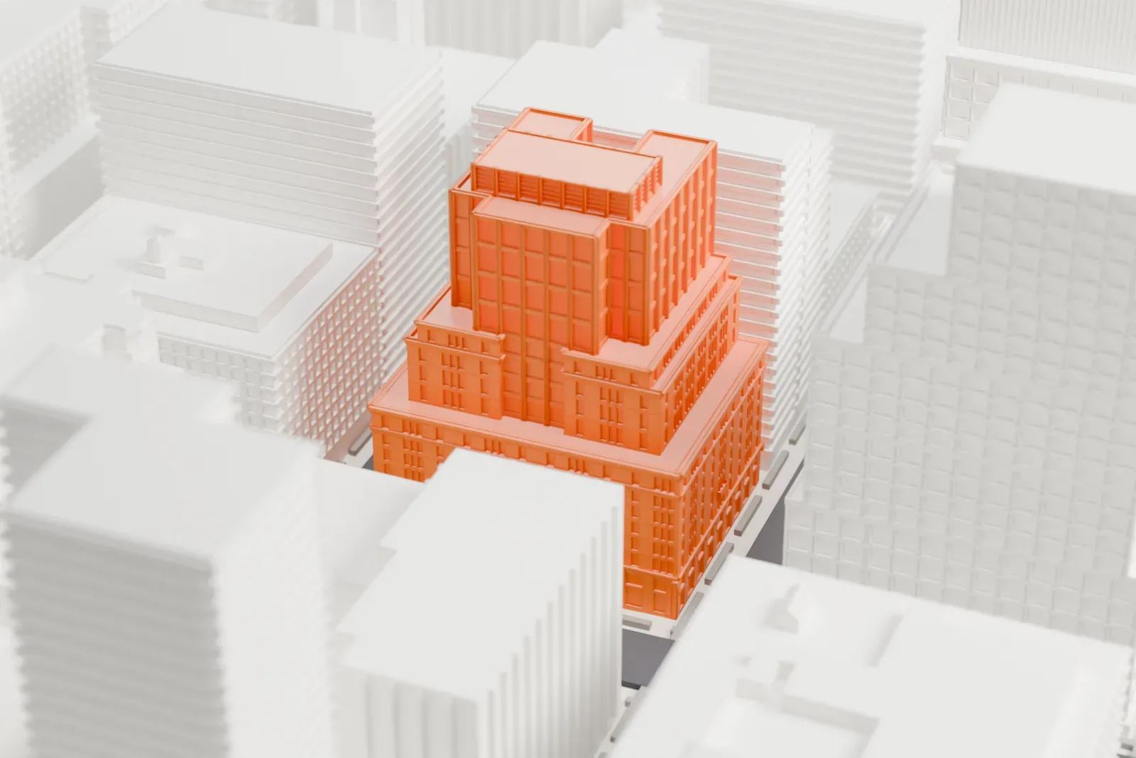 A white 3D print of 330 Hudson, a stepped building with a gridded facade and rooftop boxes, set among larger buildings and narrow streets.
