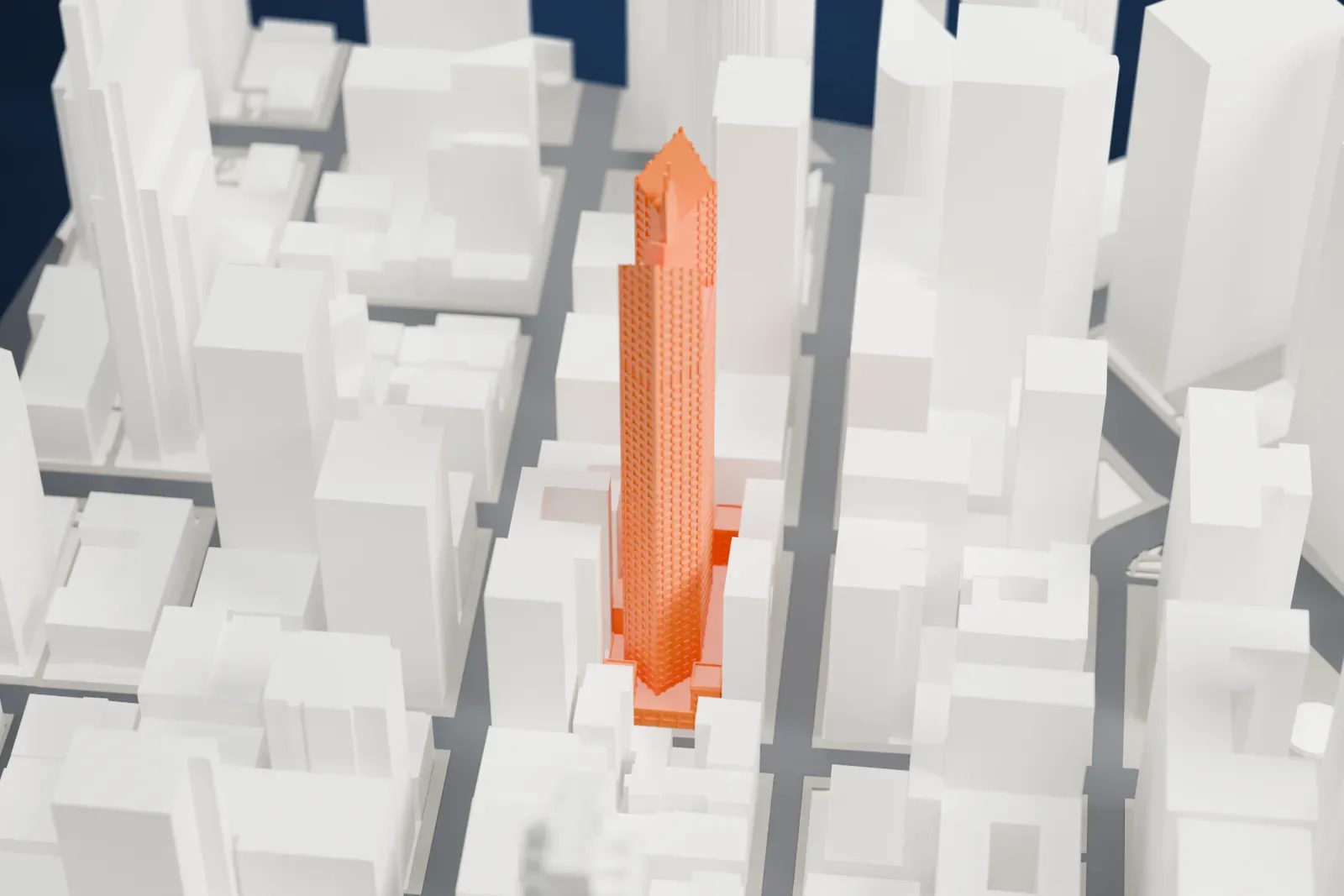 A white 3D print of 345 California Center, a tall office tower, among the surrounding city blocks and streets.