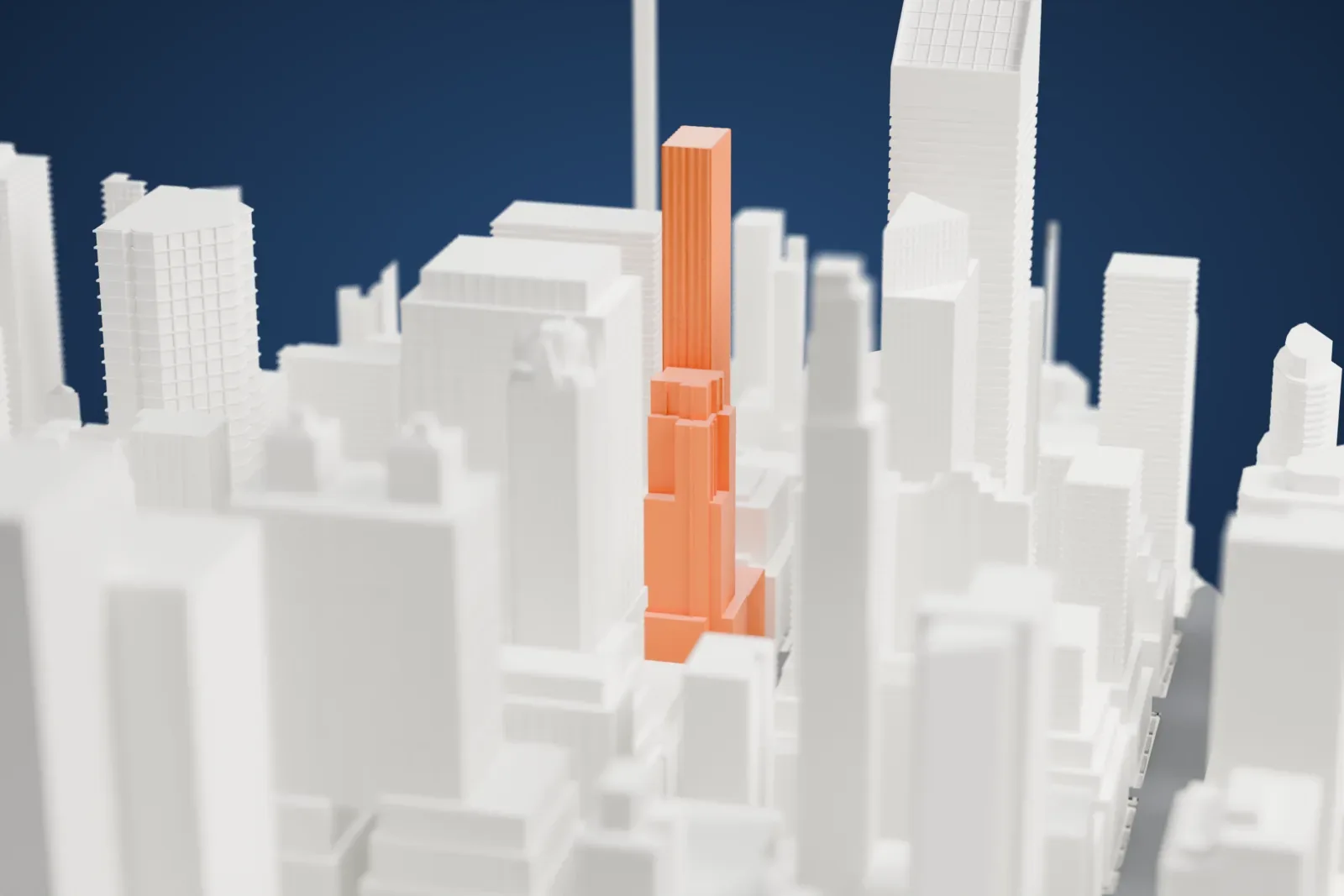 A white 3D print of 345 Park Avenue, a tall boxy tower with a fine window grid and a ribbed top section, rising among many other tall buildings.