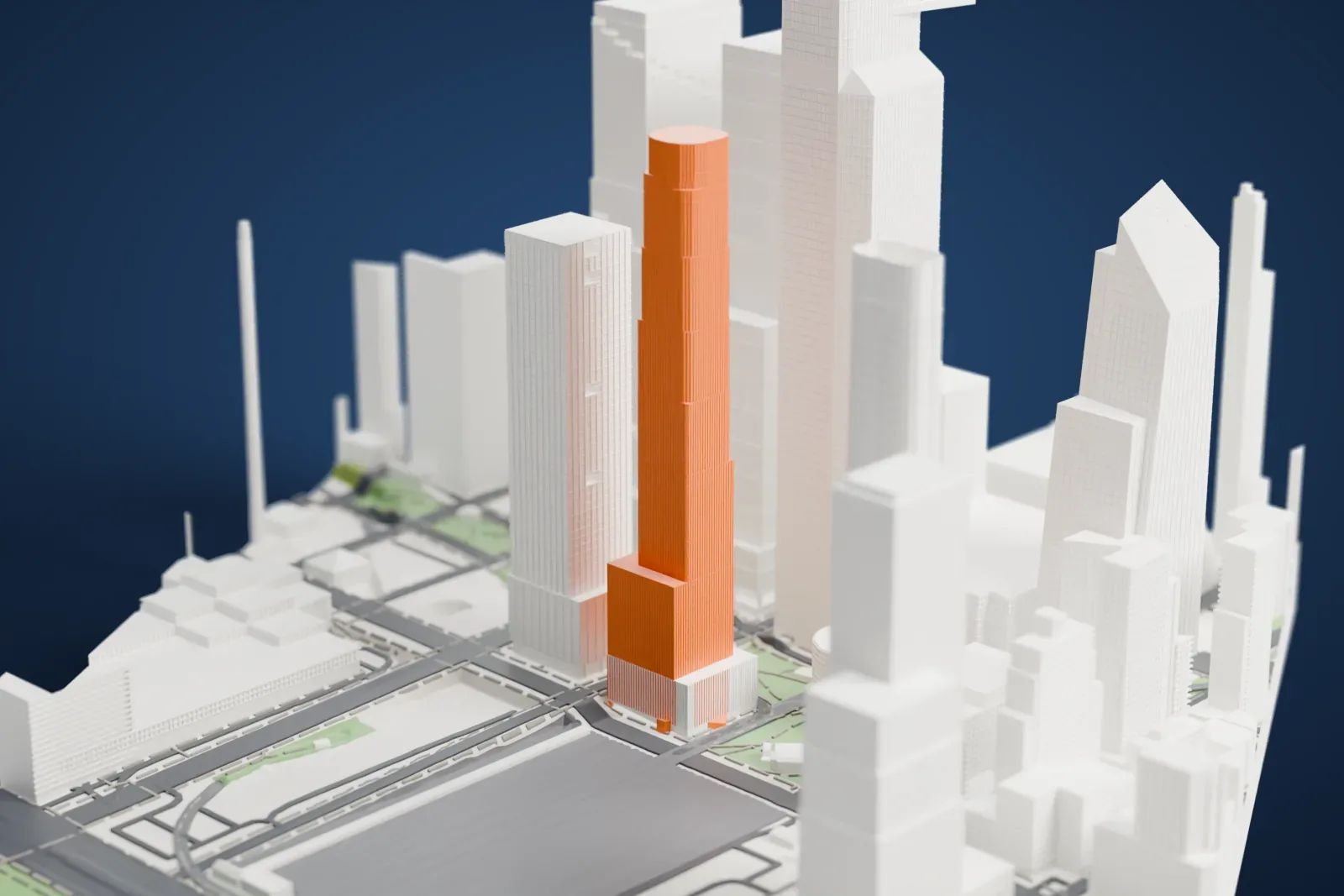 A white 3D print of 35 Hudson Yards, a tall slim tower with stepped sides and a rounded top, among neighboring skyscrapers, streets and small green plazas.