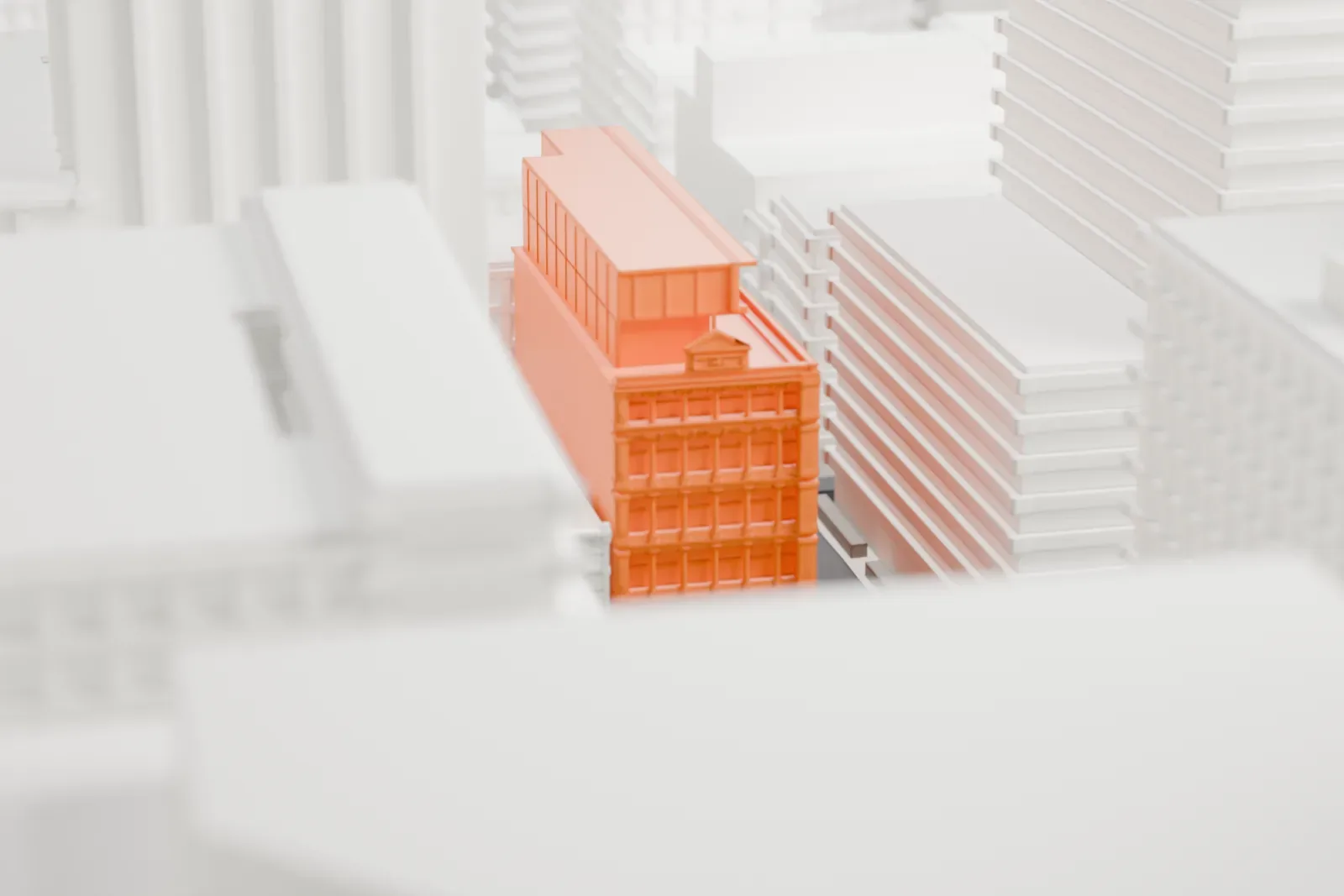 A white 3D print of 361 Broadway, a multi-story building with a ribbed, gridded facade, standing among much taller buildings on a dense city block.