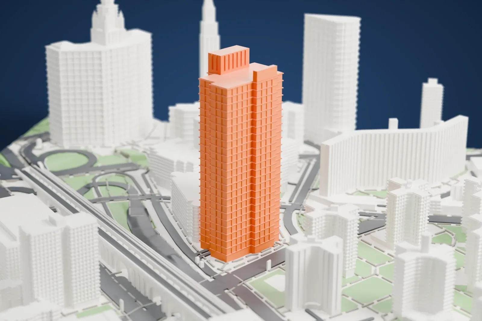 A white 3D print of 375 Pearl Street, a tall slab tower with fine vertical grooves, beside an arched elevated roadway, green spaces and other buildings.