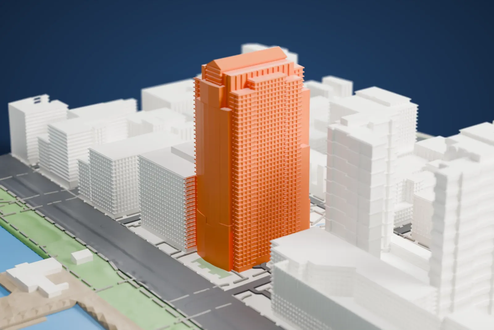A white 3D print of 388 Greenwich Street, a tall tower with a gabled top, beside the Hudson River, a wide road and a strip of park.