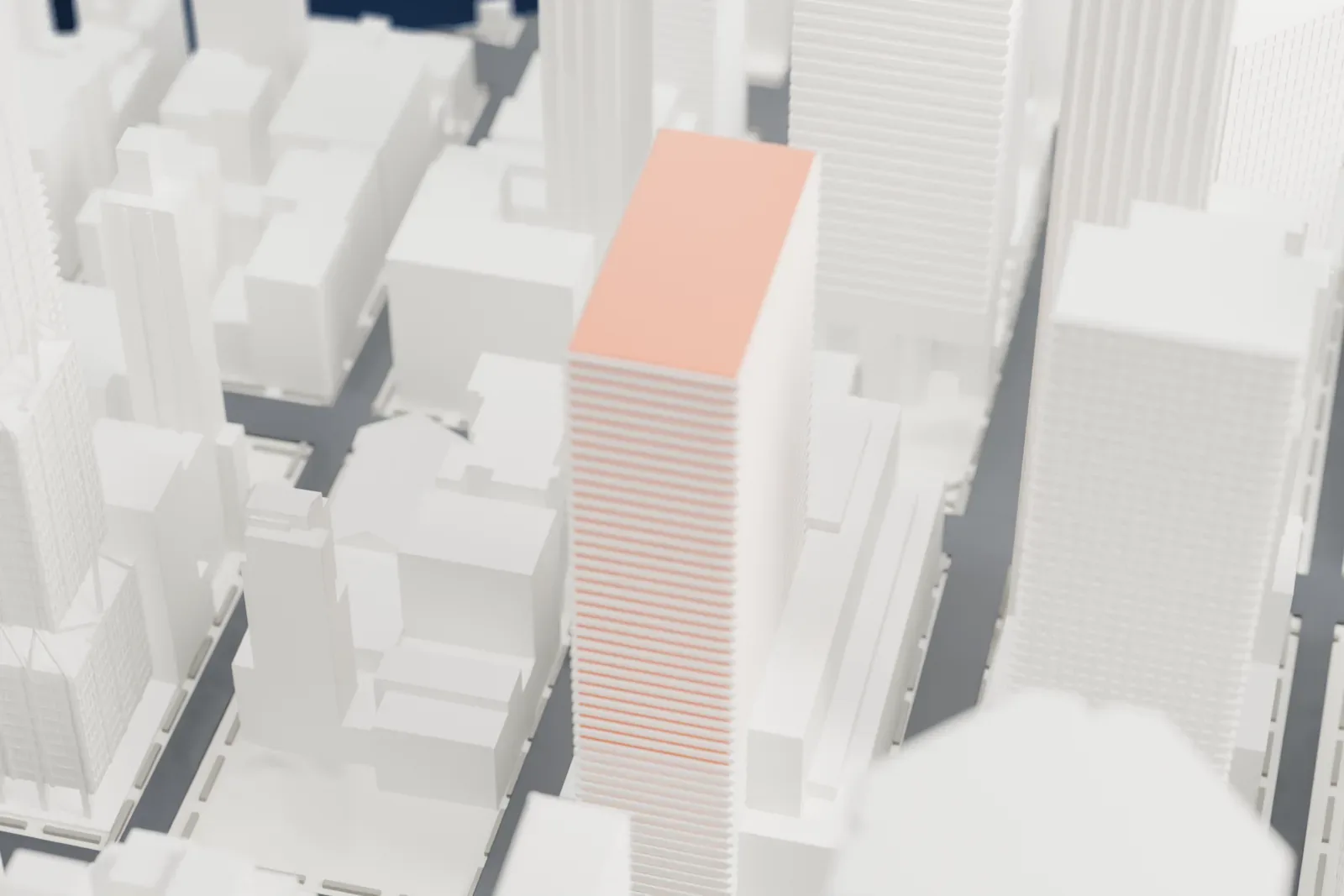 A white 3D print of 399 Park Avenue, a tall rectangular tower with vertical fins and a lower block at its base, surrounded by other high-rise buildings.