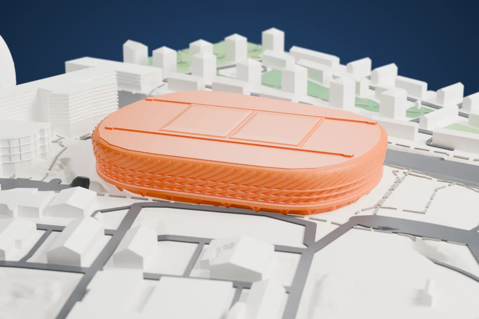 A white 3D print of the 3Arena drum, its skin widening toward the roof above a ledge at the foot, among the streets and buildings around it.