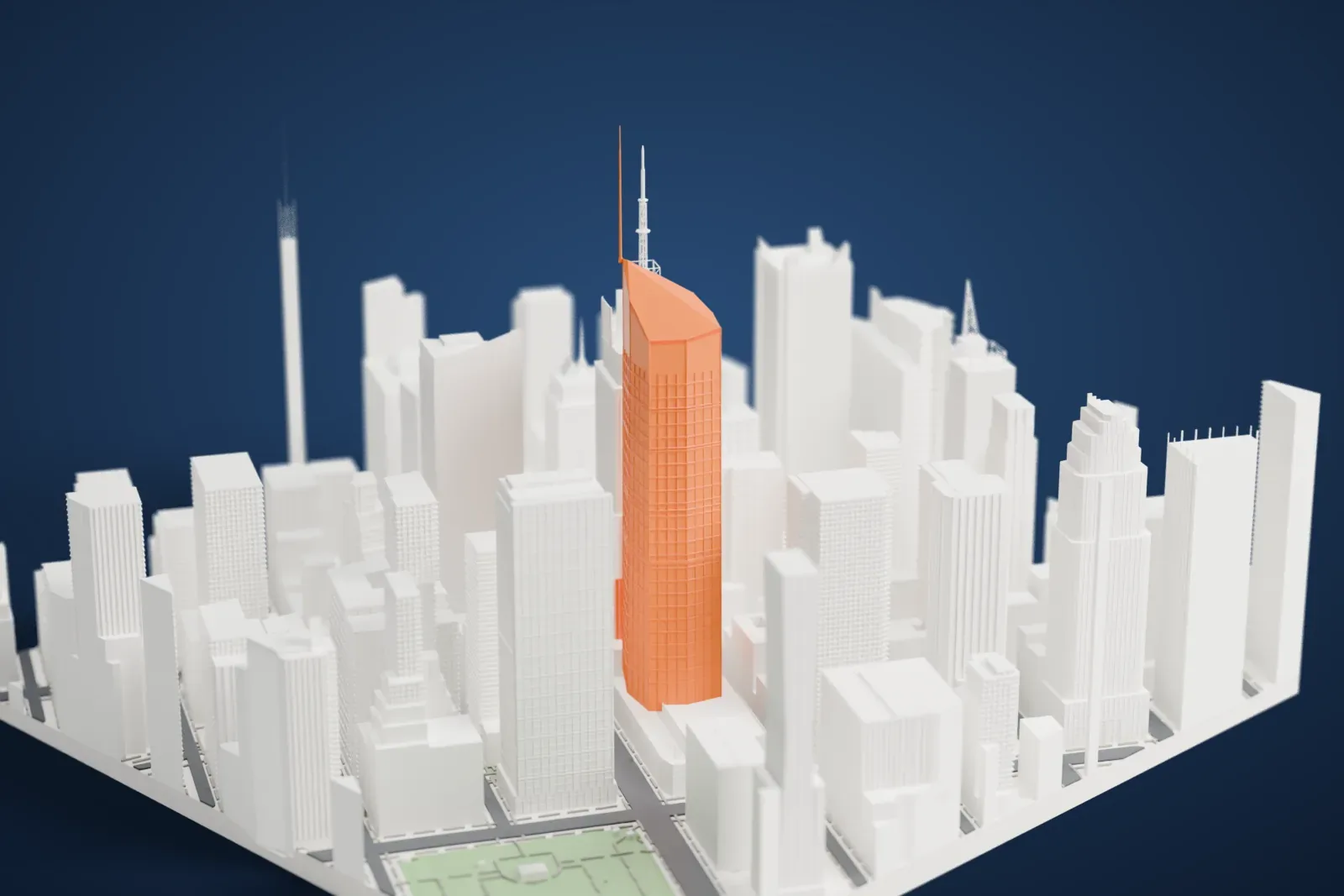A white 3D print of 4 Times Square, a tall tower with a stepped crown, rooftop sign panels and a slim lattice antenna mast, rising among a dense cluster of tall buildings.