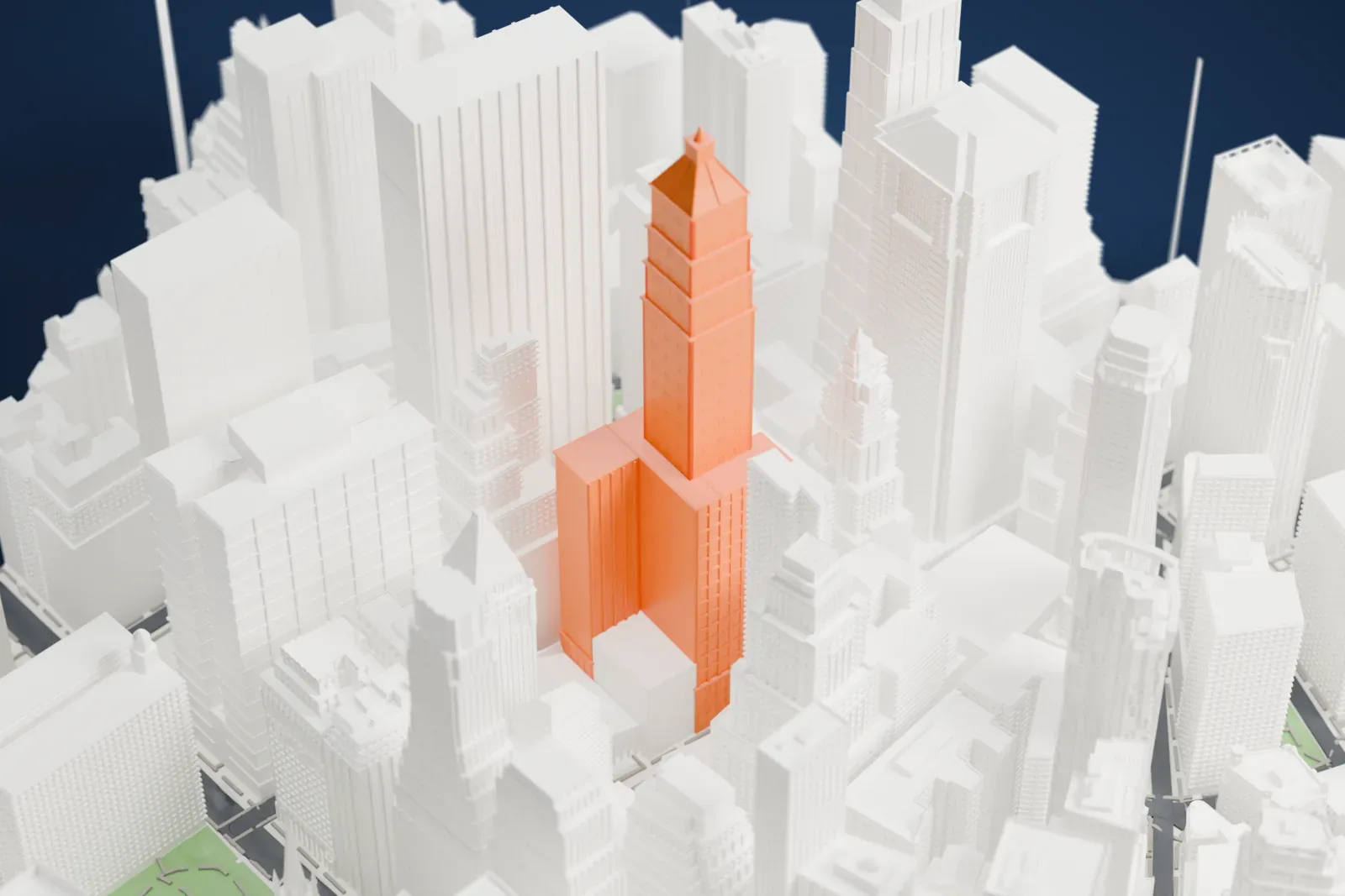 A white 3D print of 40 Wall Street, a stepped tower with a pyramid roof and spire, surrounded by dense tall buildings.