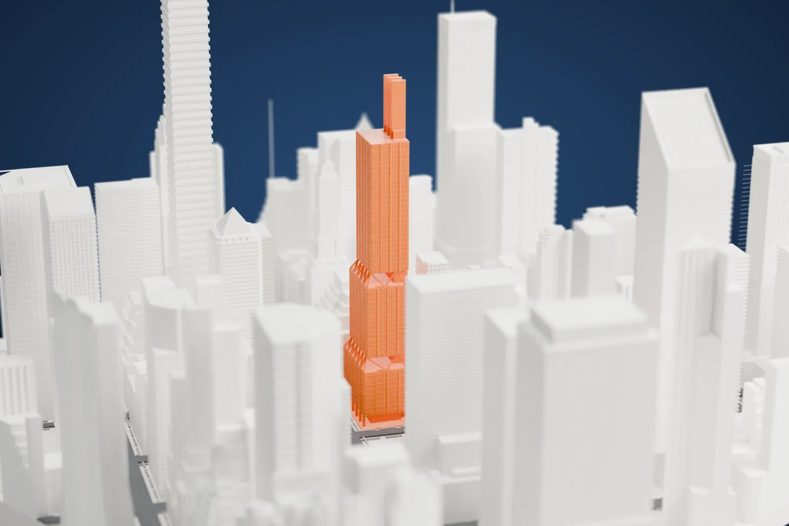 A white 3D print of 425 Park Avenue, a slim tall tower with three narrow fins on top and angled struts partway up, surrounded by Midtown skyscrapers.