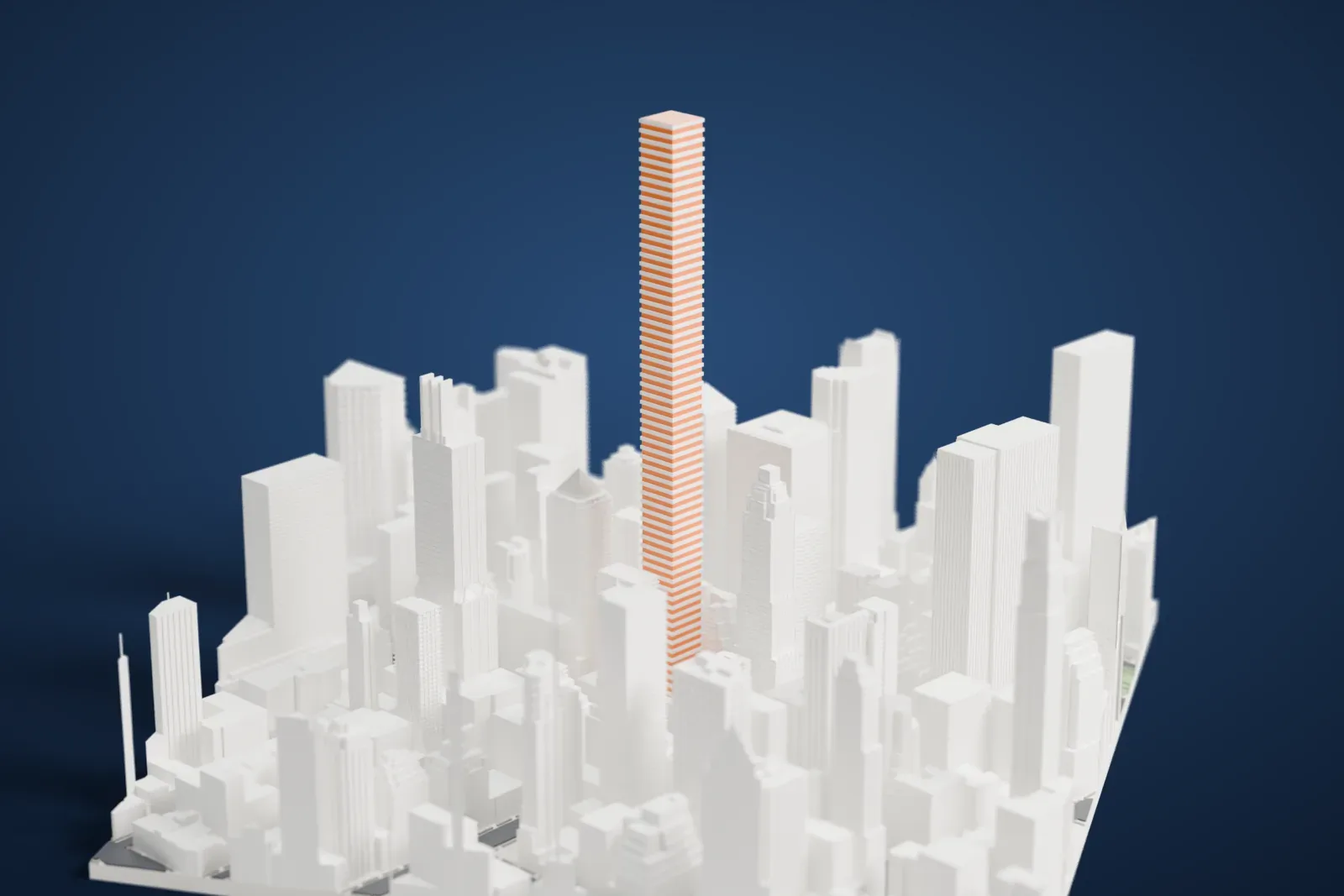 A white 3D print of 432 Park Avenue, a very tall square tower with a grid of openings, rising above a dense cluster of Midtown buildings.