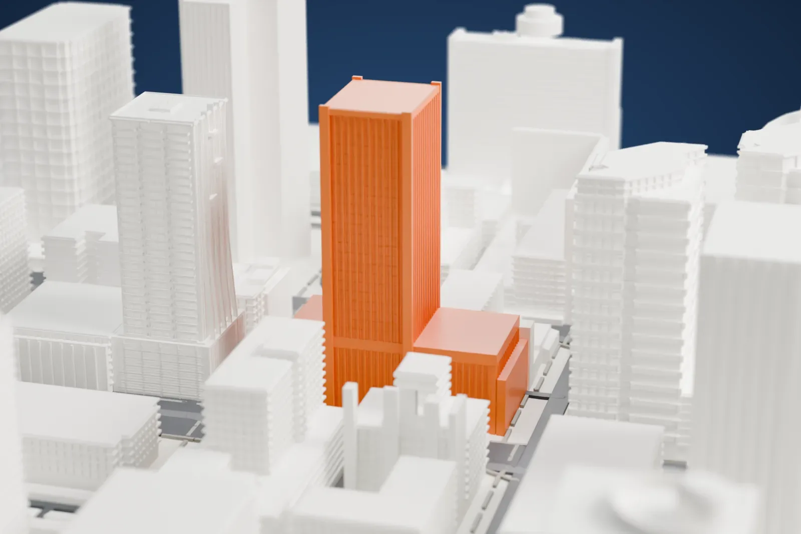 A white 3D print of 44 Monroe, a slim tall tower with a flat top and fine horizontal floor lines, standing among neighboring towers and wide downtown streets.