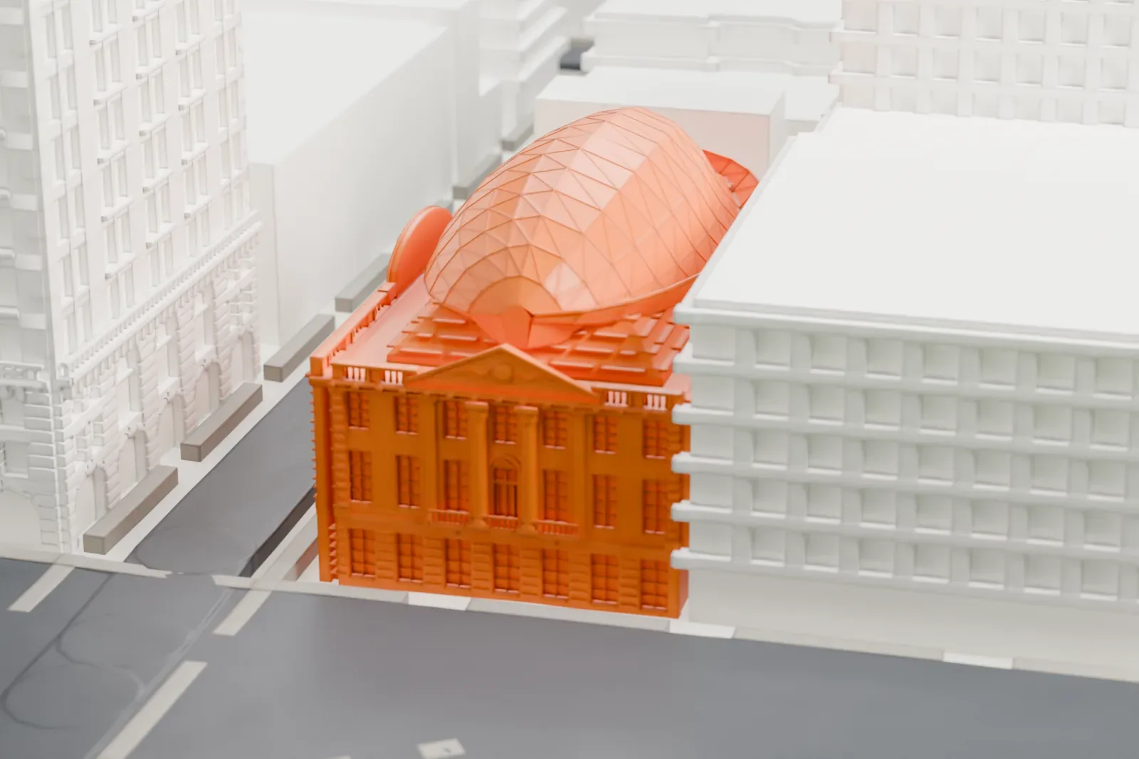 A white 3D print of 44 Union Square, a brick-fronted building with a large faceted dome on its roof, squeezed between taller buildings.