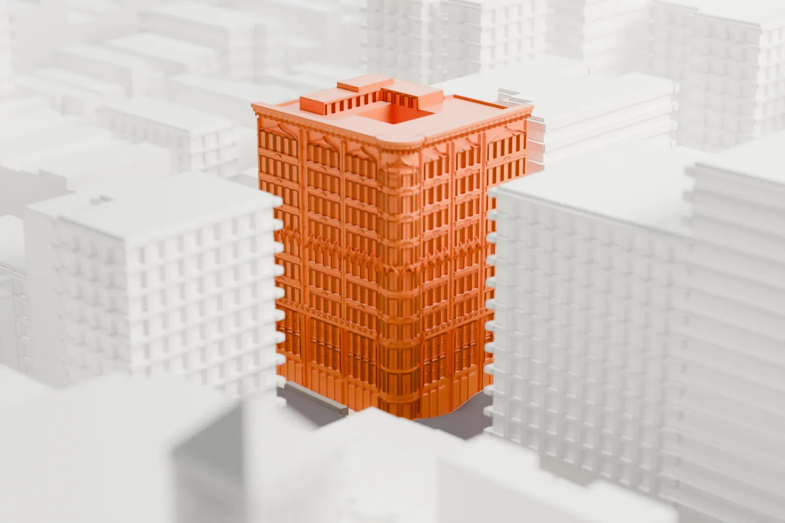 A white 3D print of 45 East 66th Street, a ten-story corner apartment building with an ornate facade, among mid-rise neighbors.
