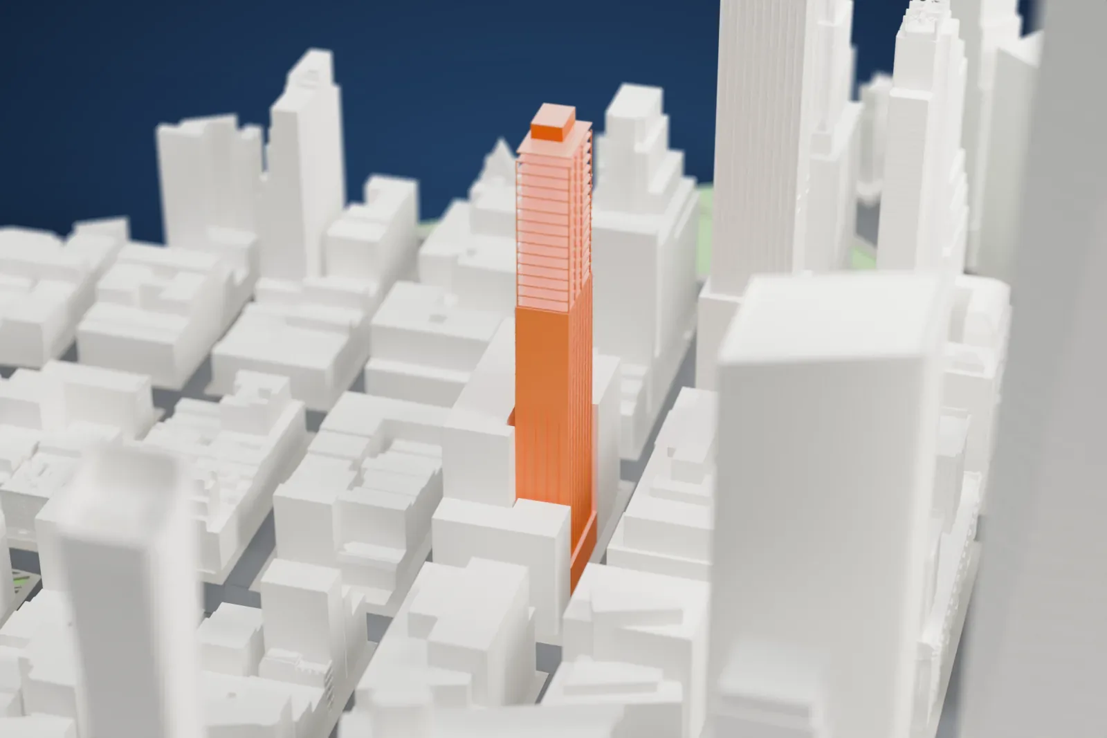 A white 3D print of 45 Park Place among the surrounding streets and buildings of Tribeca in New York.