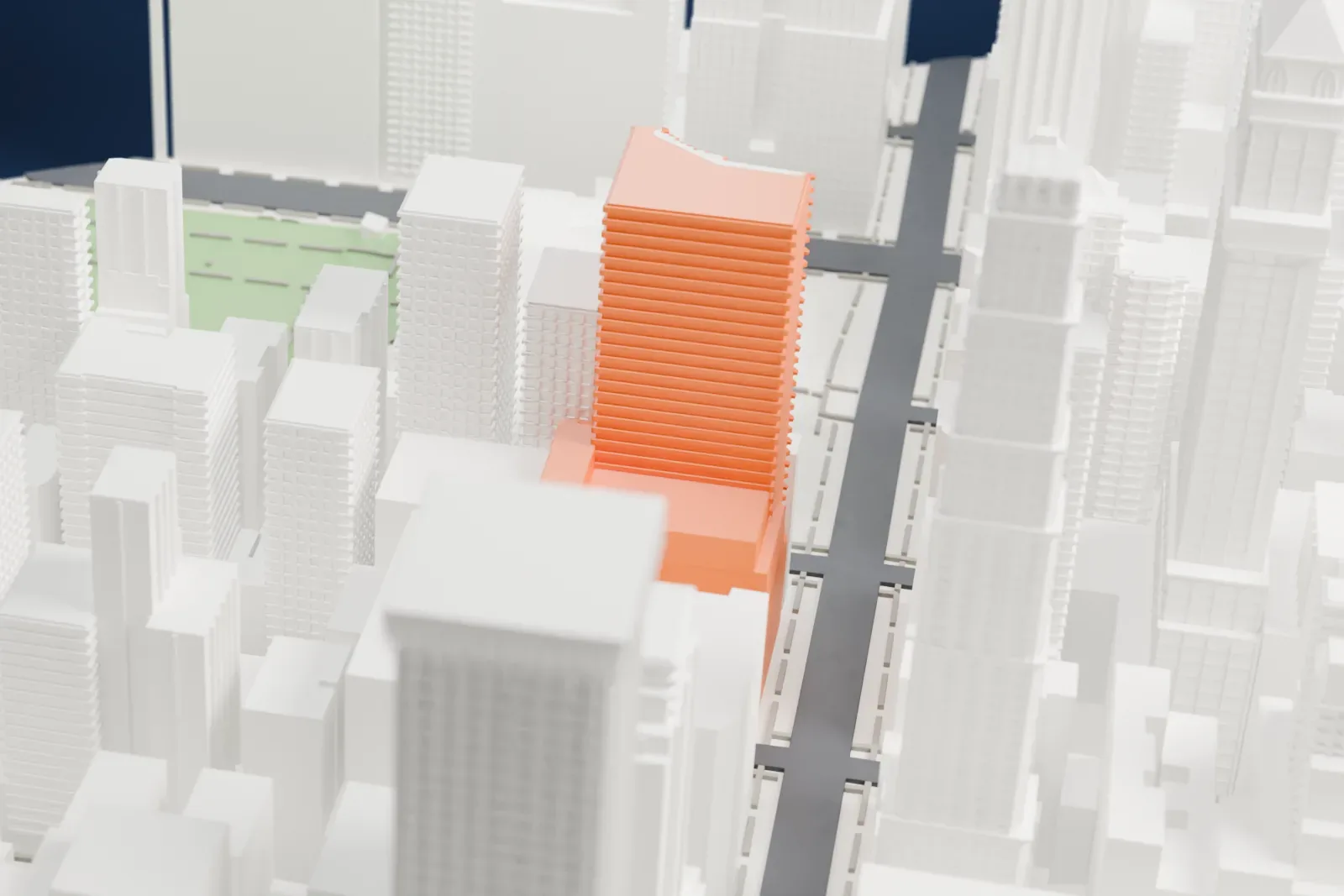 A white 3D print of 452 Fifth Avenue, a tall tower rising from a detailed lower building, surrounded by dense Midtown high-rises.