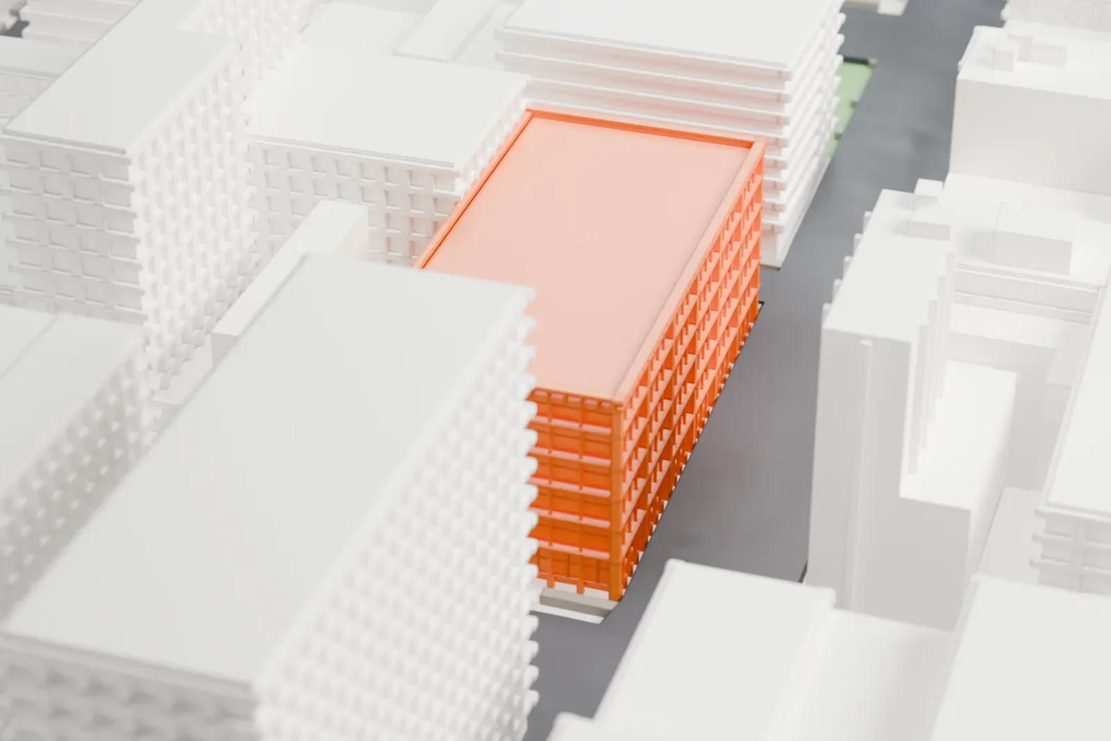 A white 3D print of 462 Broadway, a wide block with a projecting cornice and a finely detailed facade, set among neighboring buildings.