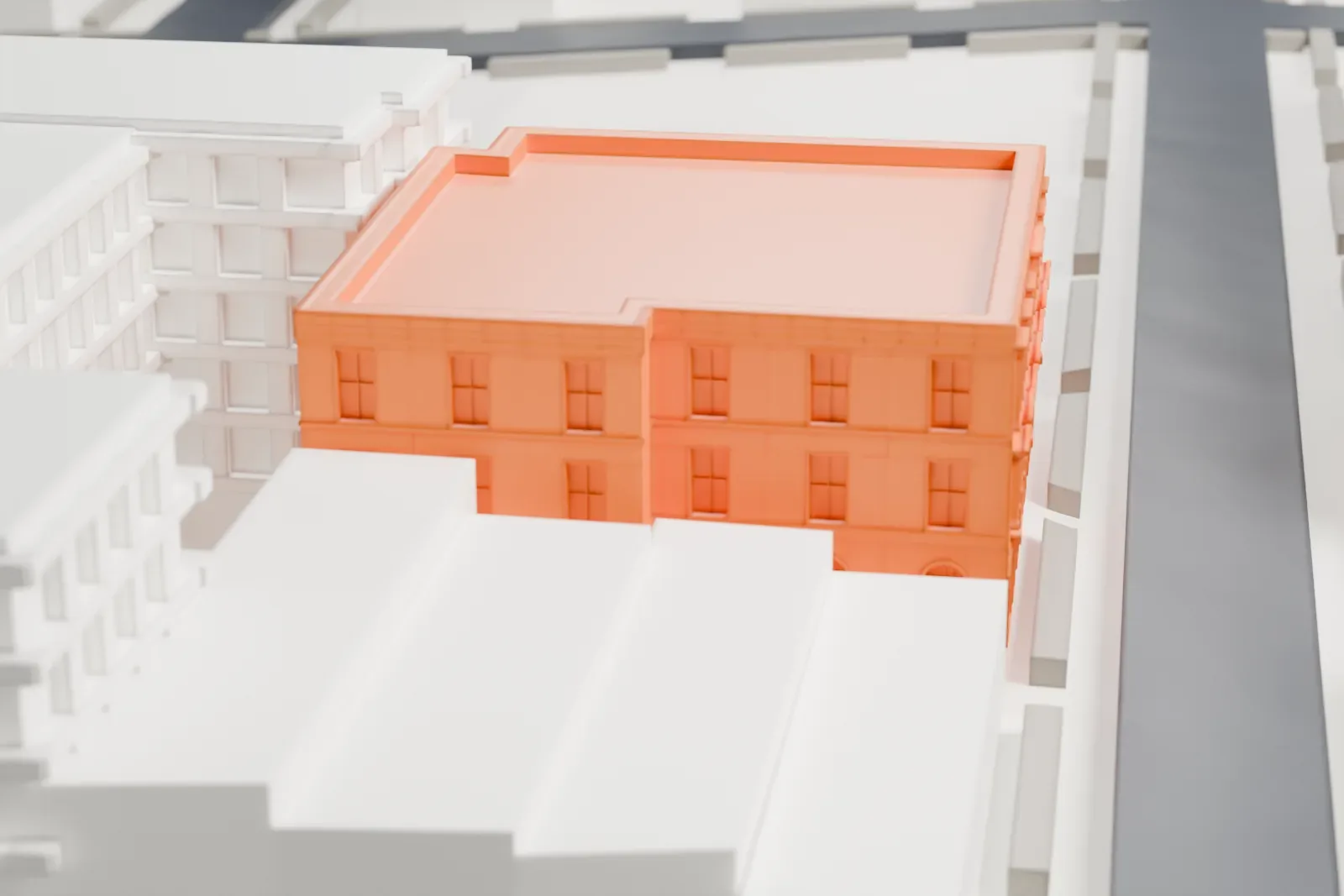 A white 3D print of the 48th Police Precinct Station, a three-story block with a flat roof and rows of windows, standing beside taller buildings on a city street.