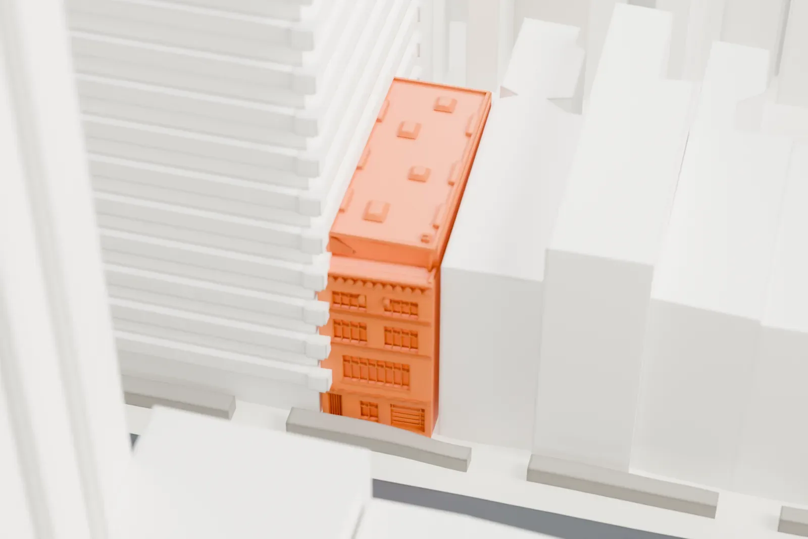 A white 3D print of 49 East 80th Street, a house set among the surrounding buildings.