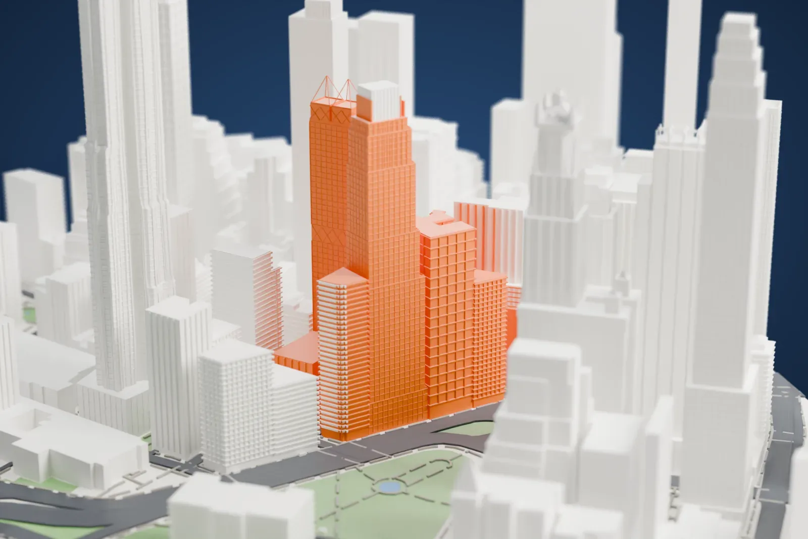 A white 3D print of 5 Beekman Street, a slim tall tower topped by open pyramid-shaped frames, rising among dense Lower Manhattan skyscrapers.