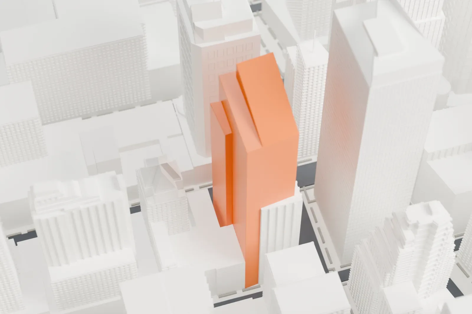 A white 3D print of 5 Times Square, a tall tower with a notched flat roof, closely surrounded by buildings of many heights.