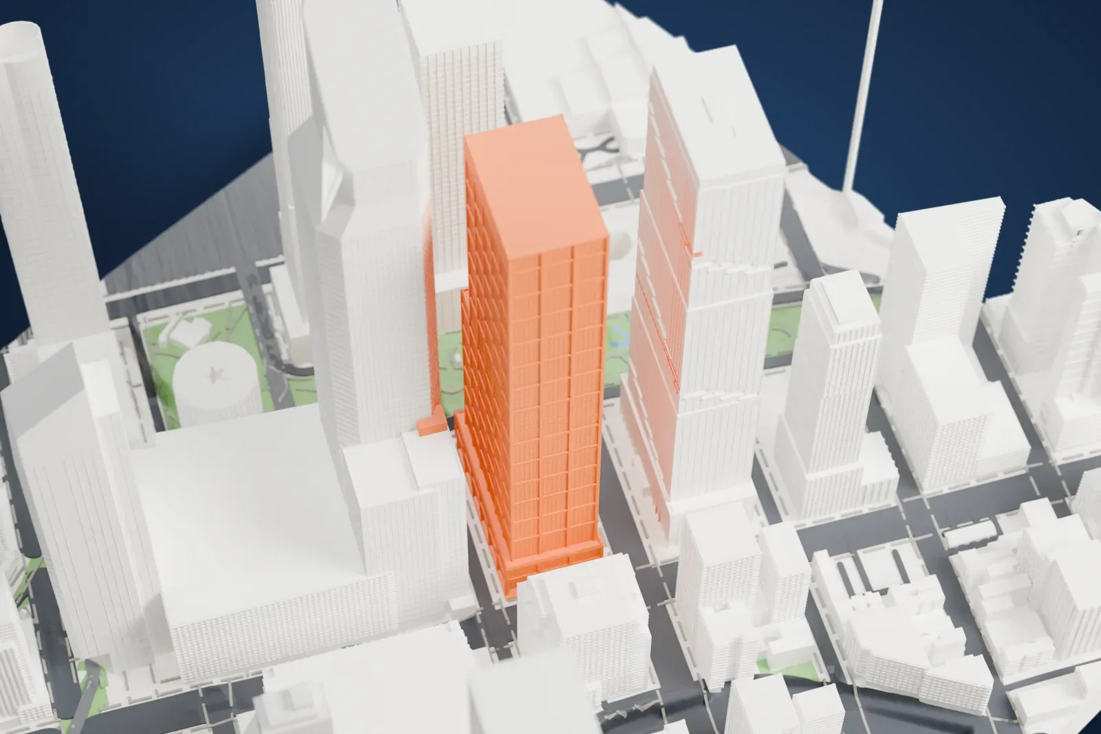 A white 3D print of 50 Hudson Yards, a tall rectangular tower with a gridded facade that steps back in stages, surrounded by other tall towers and a small park below.