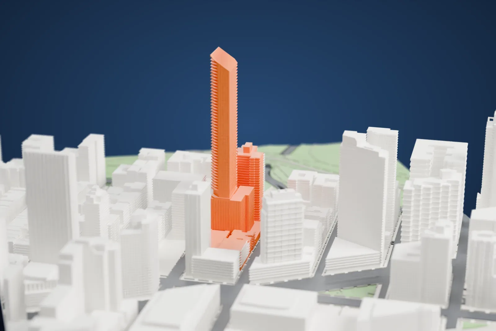 A white 3D print of 50 West 66th Street, a very tall slim tower with a slanted top and a wider base, rising above mid-rise buildings and streets.