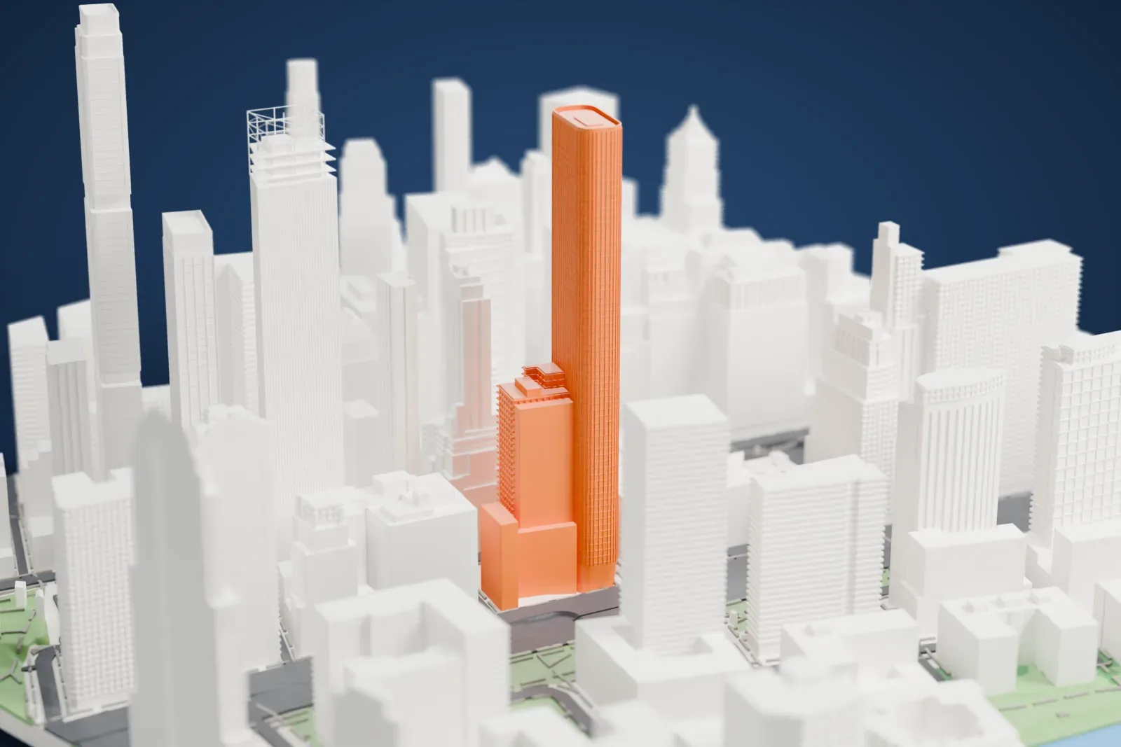 A white 3D print of 50 West Street, a tall, slim tower with rounded corners and fine horizontal window lines, rising among other skyscrapers.