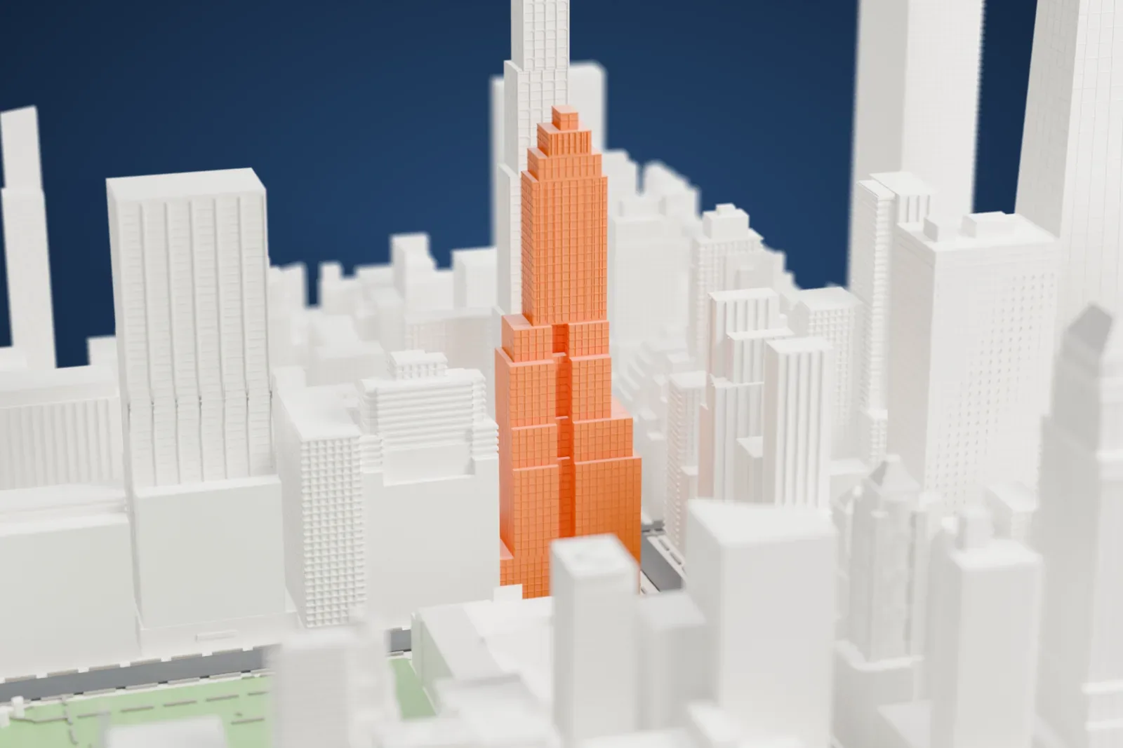 A white 3D print of 500 Fifth Avenue, a tall stepped tower with gridded walls, standing among other tall buildings.