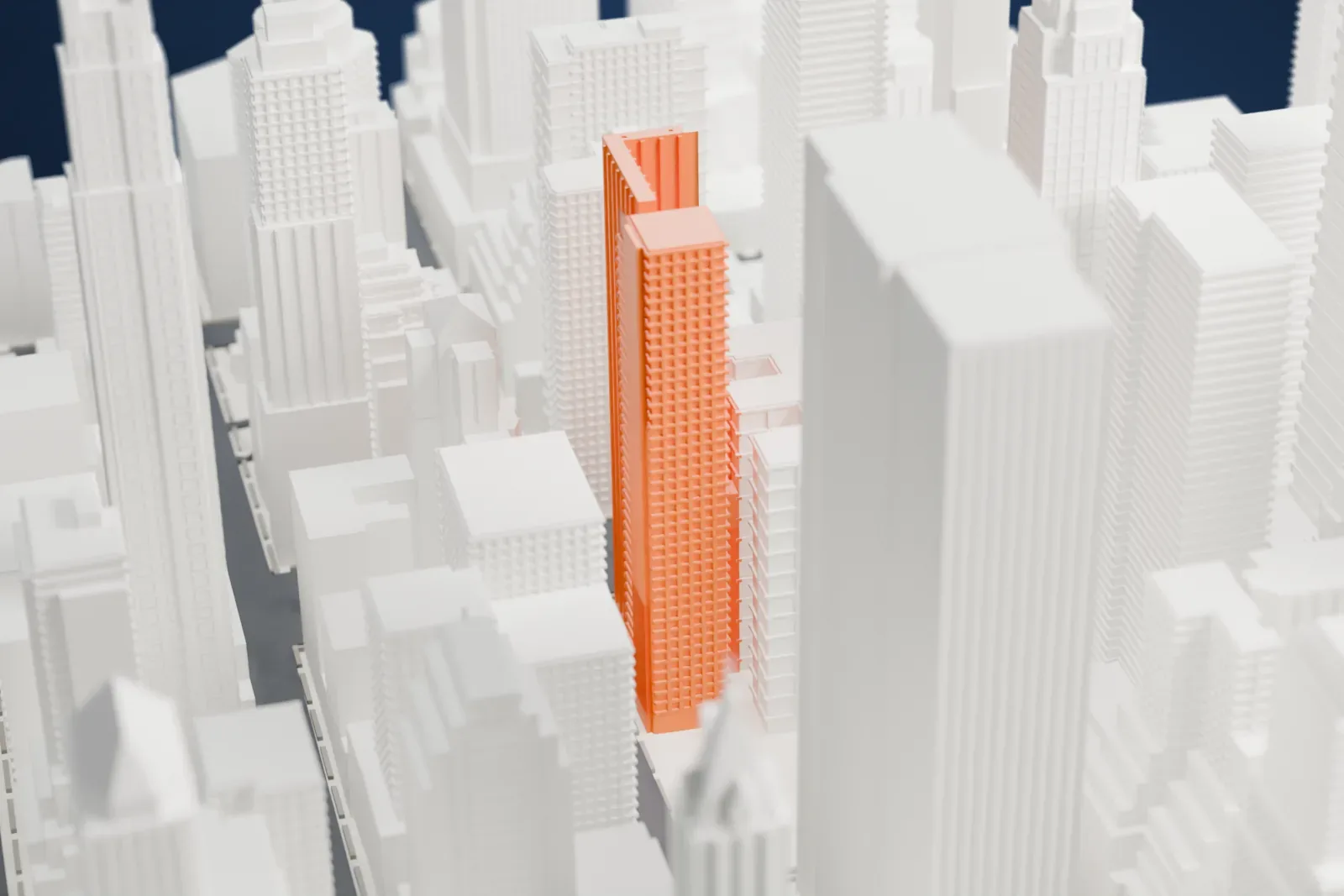 A white 3D print of 500 Park Avenue, a tall narrow tower with a lower wing, surrounded by tightly packed Midtown Manhattan buildings.
